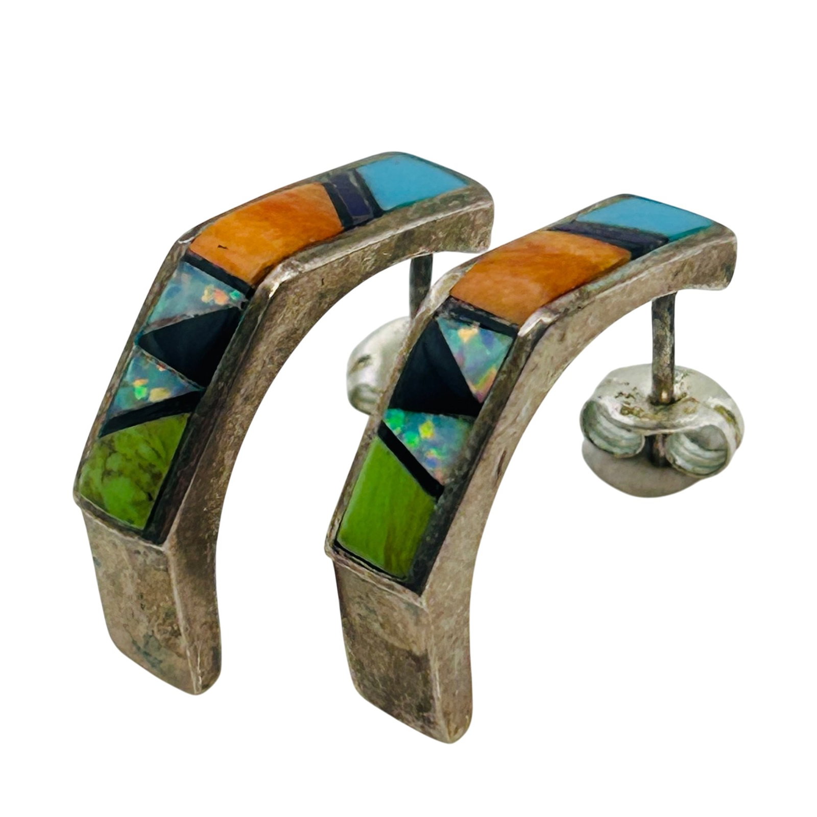 Signed Native Sterling Inlay Multi-stone Earrings: Signed Native Sterling Inlay Multi-Stone Earrings |5.6g | spiny oyster turquoise opal onyx
