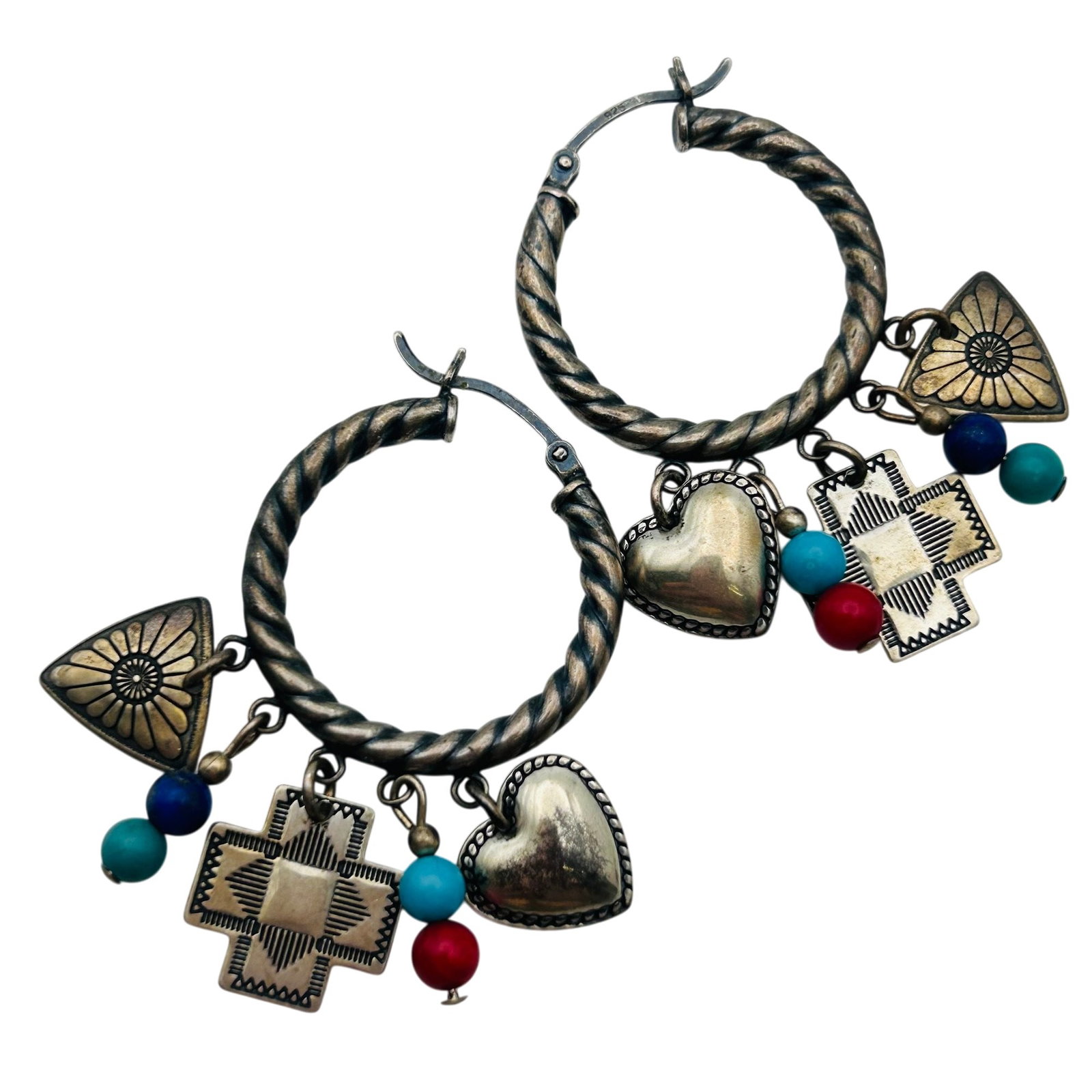 Quoc Trading Sterling Charm Hoop Earrings: Quoc Trading Sterling Charm Earrings |6.7g | Cross heart charm blue/red beads