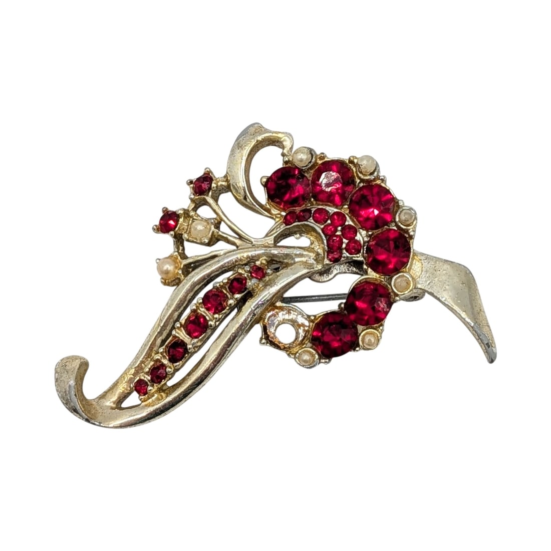 Vintage Gold Tone Rhinestone Floral Spray Brooch: Vintage Gold Tone Metal, Rhinestone Floral Spray Brooch. AS IS Missing Stone. 18.5g