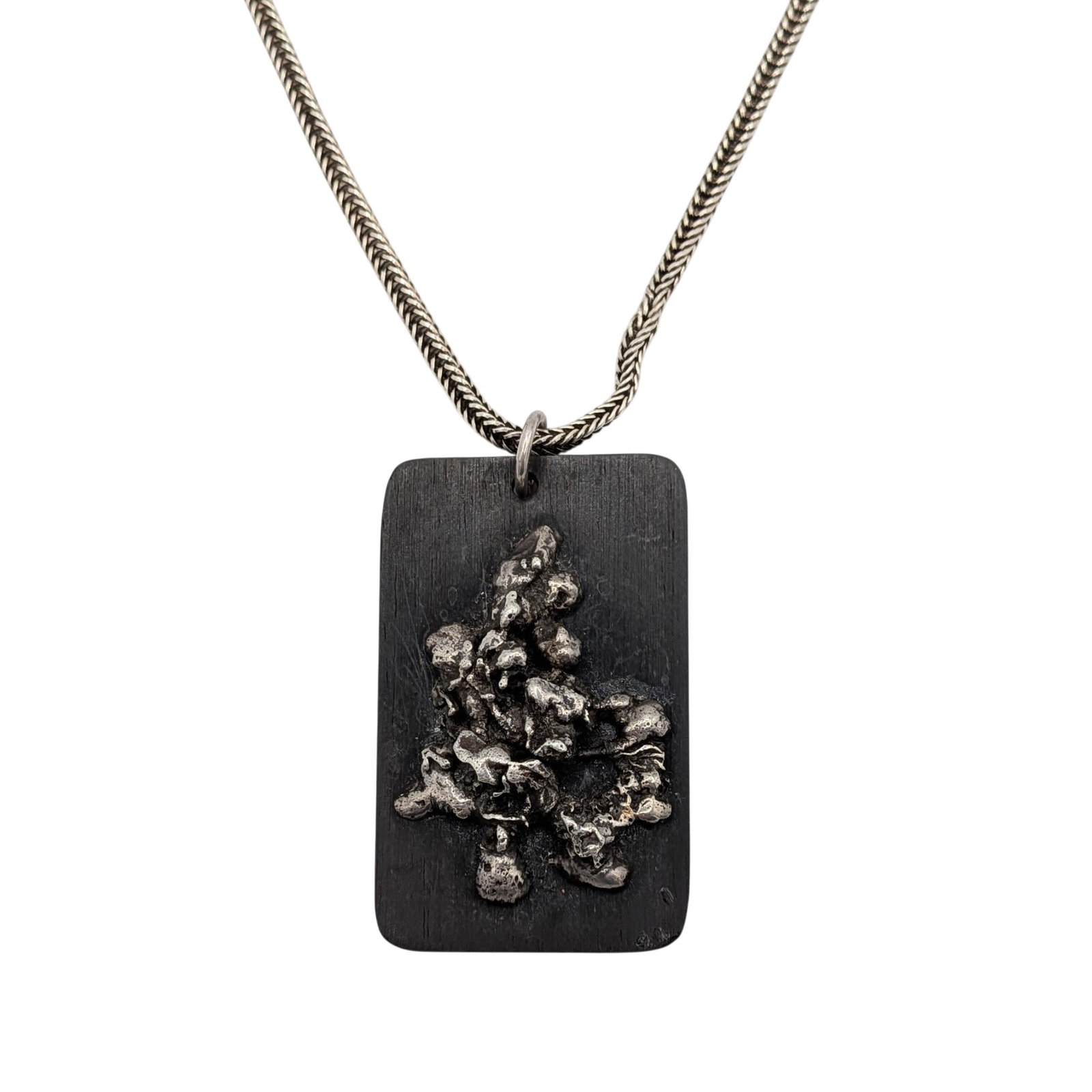 Sterling Silver Ebony Wood Silver Nugget Necklace: Sterling Silver, Ebony Wood, Silver Nugget Necklace. 25in Length Foxtail Chain. 28g