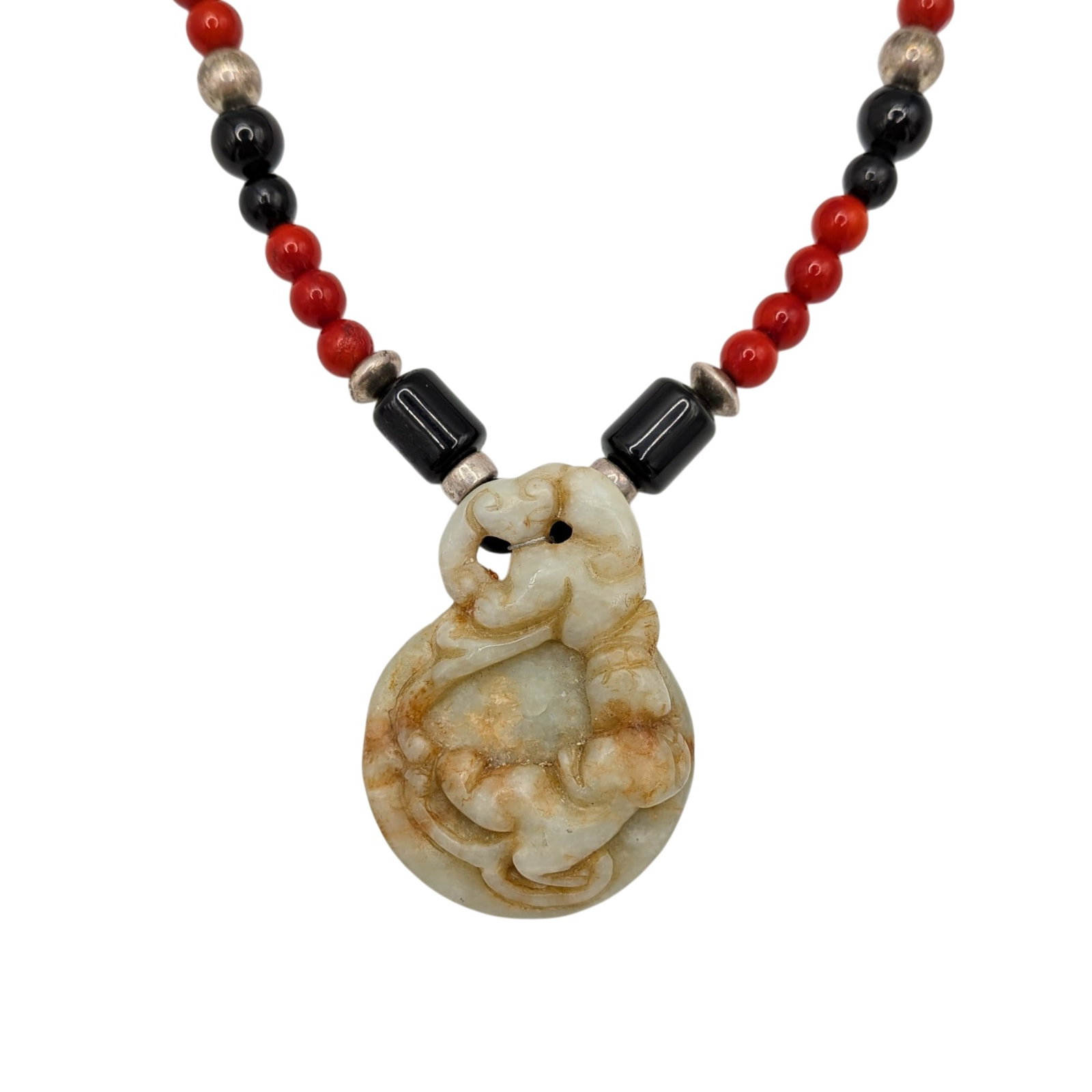Chinese Export Sterling Silver Hand Carved Jadeite Glass Beaded Necklace: Chinese Export Sterling Silver Hand Carved Jadeite, Glass Beaded Necklace. 25in Length. 88.4g