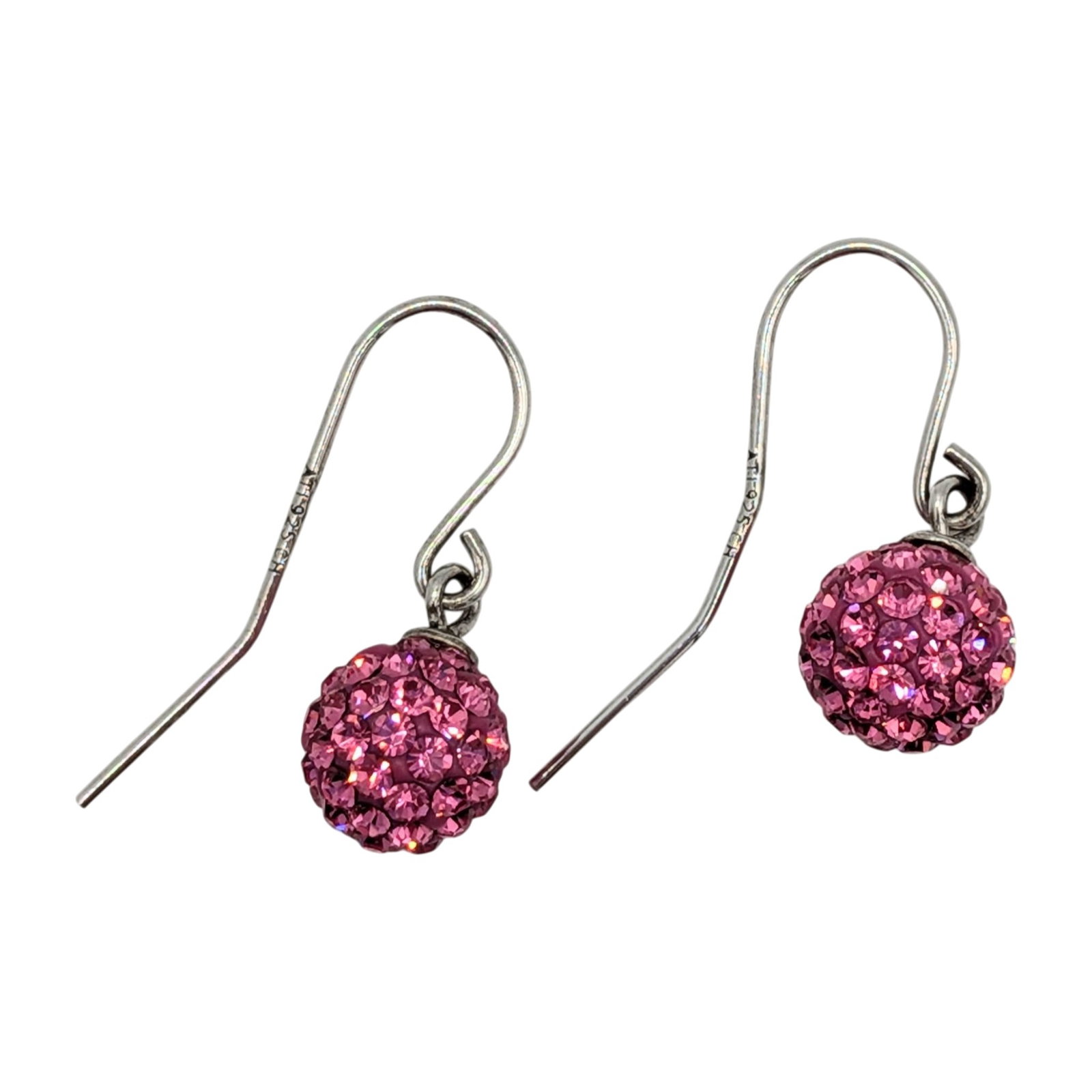 Signed Sterling Silver Pink CZ Disco Ball Dangle Earrings (1 of 3)