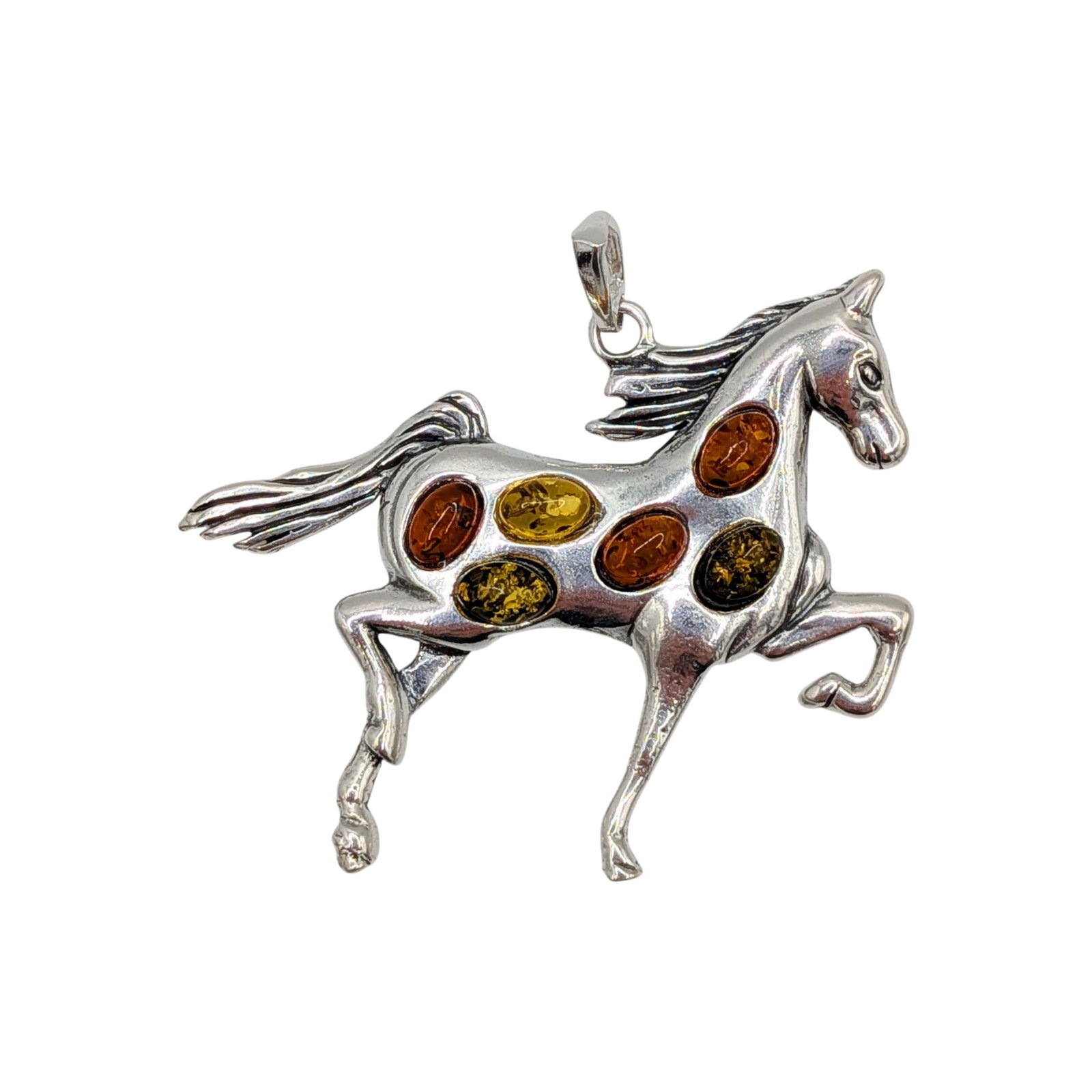 Sterling Silver Two Tone Amber Horse Pendant: Sterling Silver, Green Amber, Orange Amber Horse Pendant. Signed 925. 7.2g