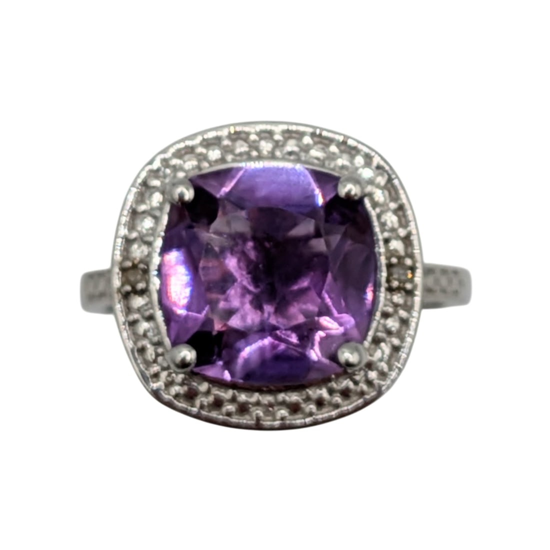 Sterling Silver Amethyst Diamond Cathedral Solitaire Ring Size 7.25 (1 of 5)