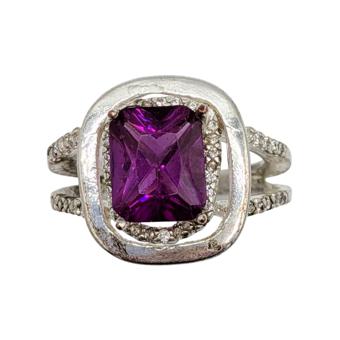 Sterling Silver CZ Rectangle Double Halo Statement Ring Size 7.75 (1 of 4)