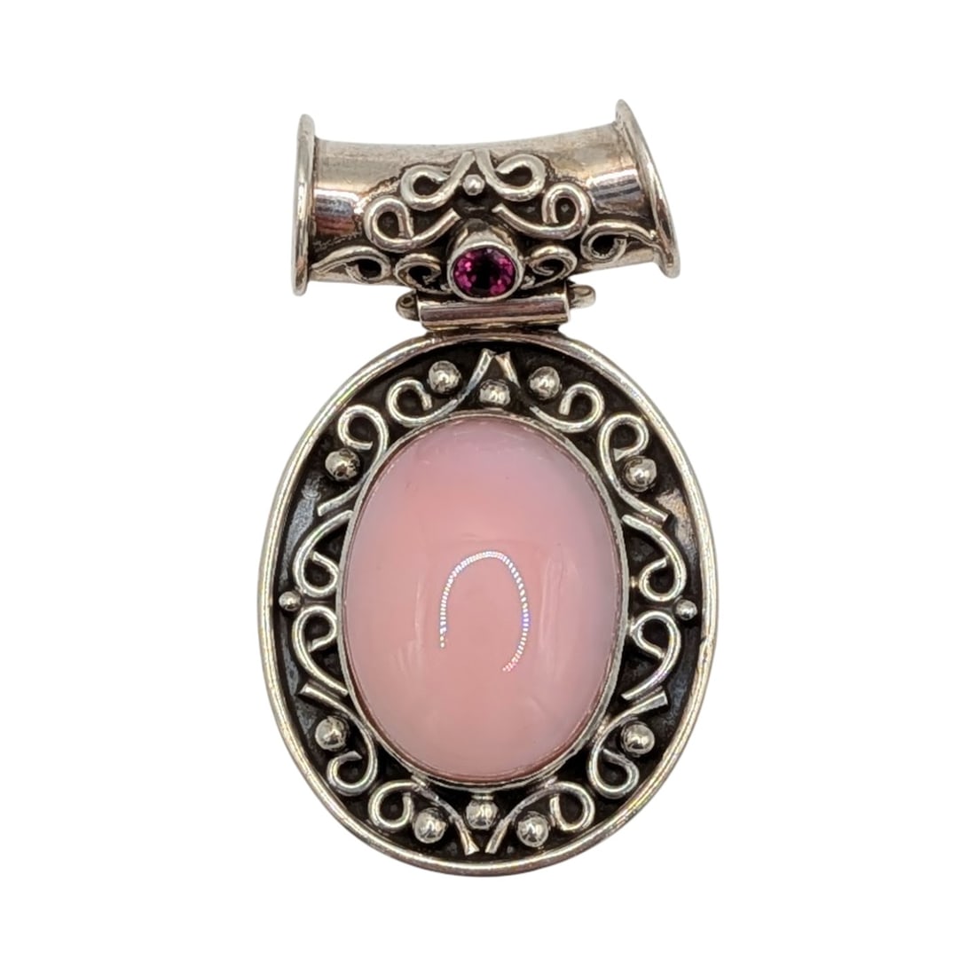Sterling Silver Pink Opal Rhodolite Oval Tube Slide Pendant (1 of 3)