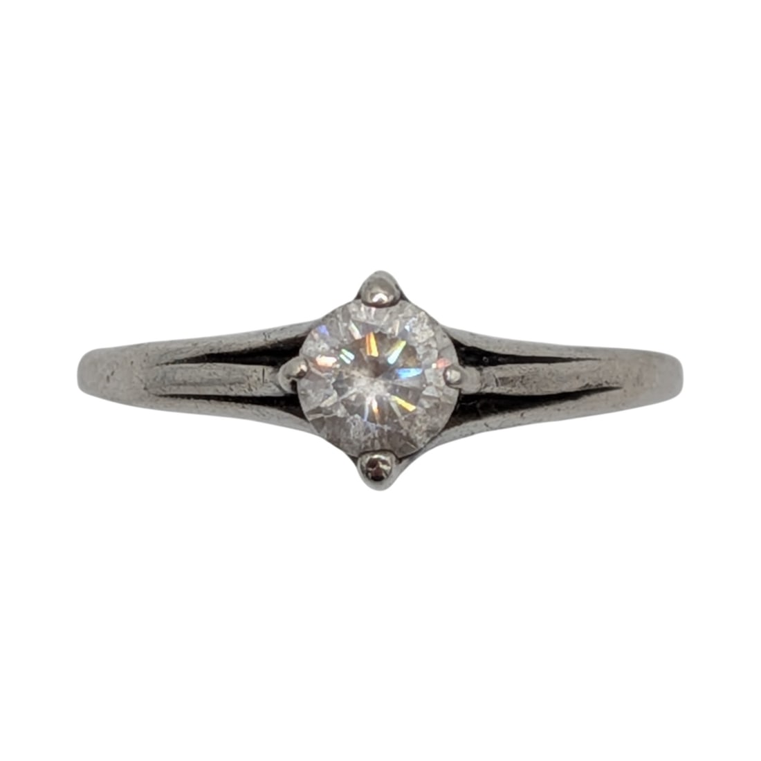 Signed Sterling Silver CZ Compass Set Engagement Ring Size 8: Signed Sterling Silver, CZ Compass Set Engagement Ring. Size 8. Signed RB4 c in circle STER. 1.8g