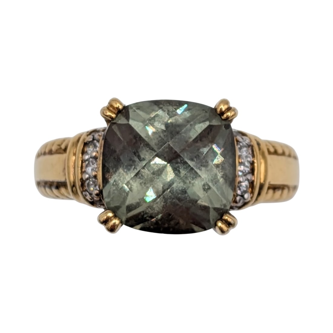 Gold Over Sterling Silver Green Spinel CZ Cushion Cut Ring Size 7.25: Gold Over Sterling Silver, Green Spinel, CZ Cushion Cut Ring. Size 7.25. Signed CZ 925 China. 6.4g