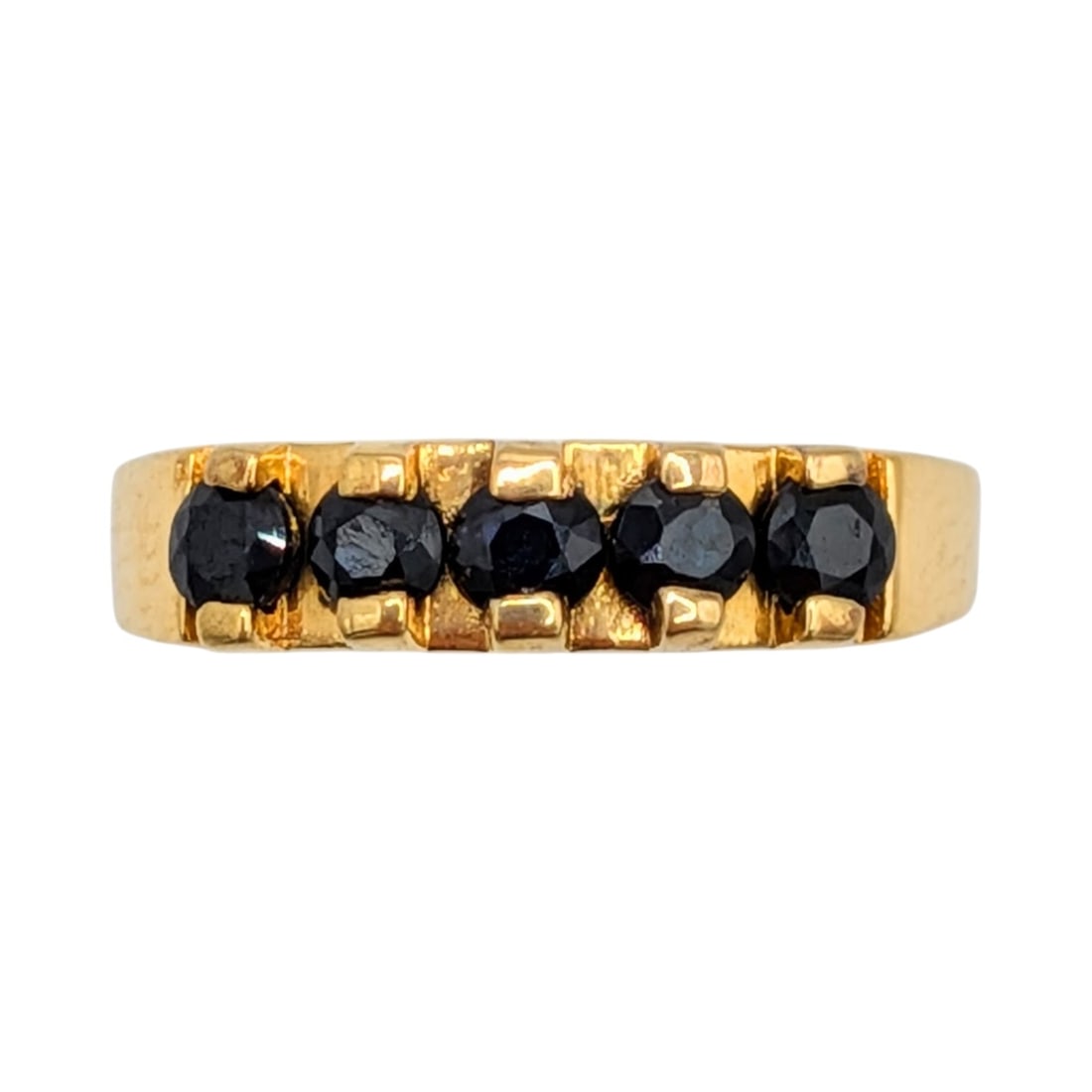 Signed Gold Over Sterling Silver Blue Sapphire Five Stone Ring Size 4.75: Signed Gold Over Sterling Silver, Blue Sapphire Five Stone Ring. Size 4.75. Signed 925 crown. 2.8g