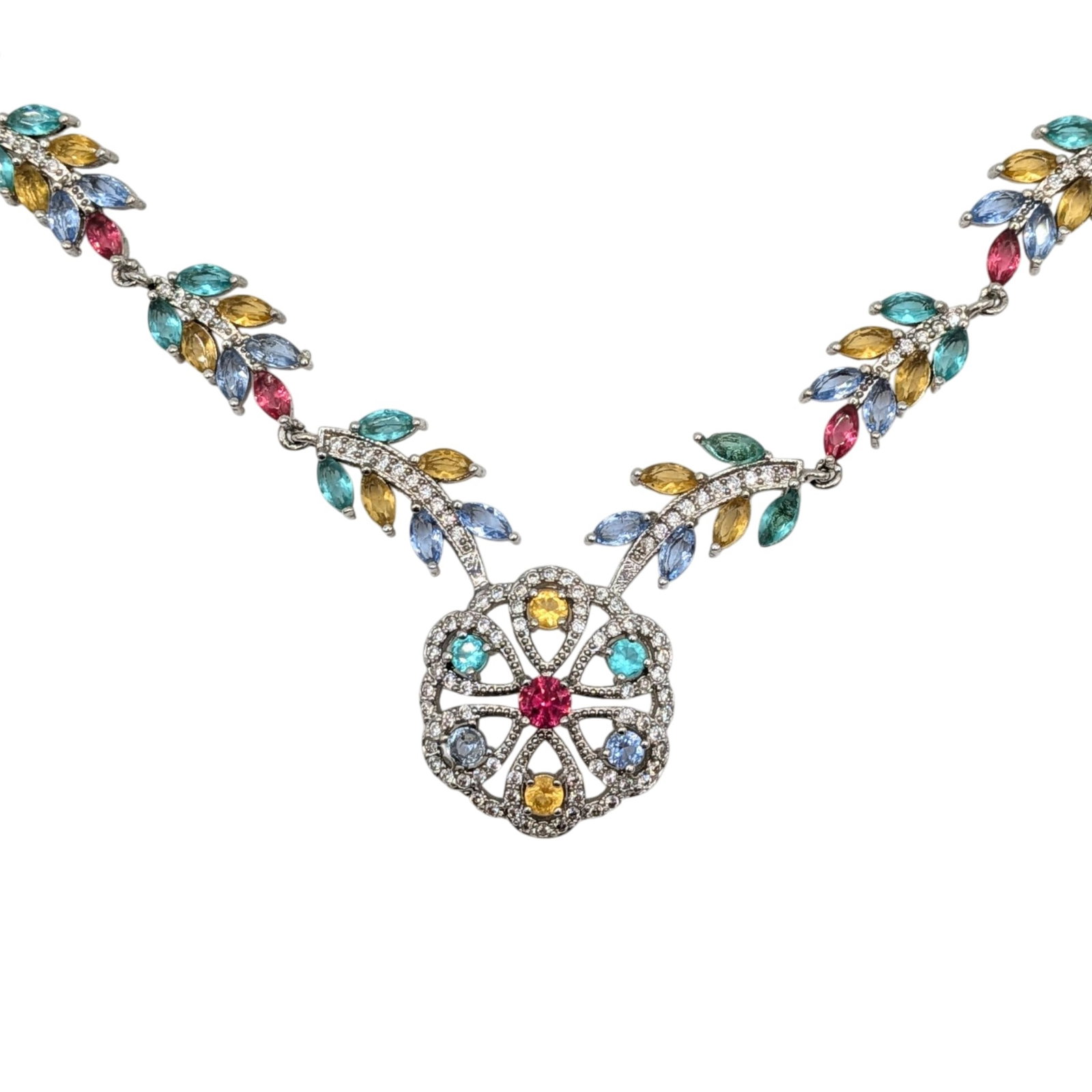 Sterling Silver Colored CZ Floral Vine Necklace: Sterling Silver, Colored CZ Floral Vine Necklace. 18 - 20in Adjustable Length. Signed 925. 18.3g