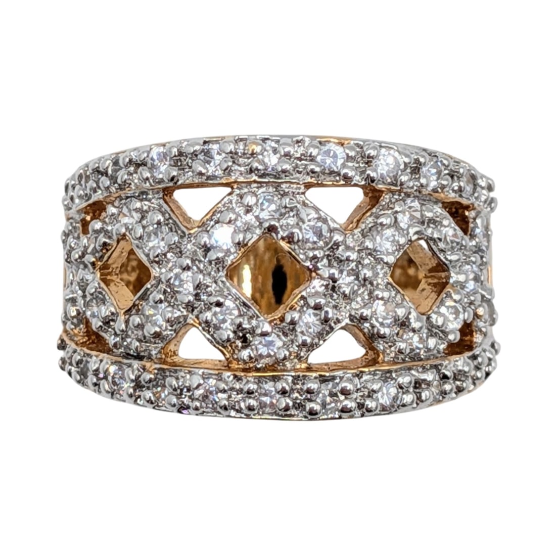 Signed Gold Over Sterling CZ Pave Set Wide Band Criss Cross Ring Size 6.25 (1 of 4)