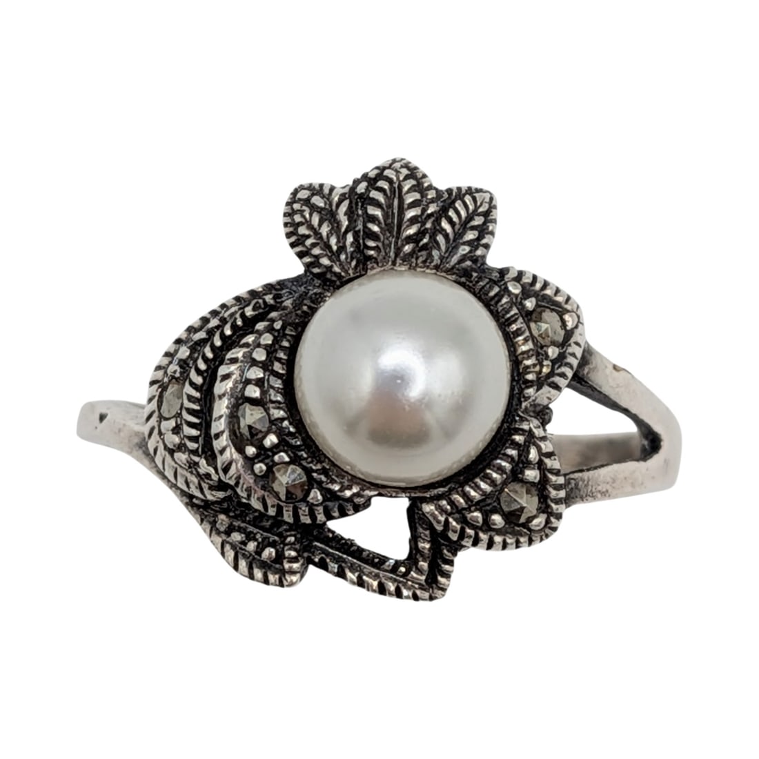 Signed Sterling Silver Faux Pearl Marcasite Floral Motif Ring Size 9 (1 of 4)