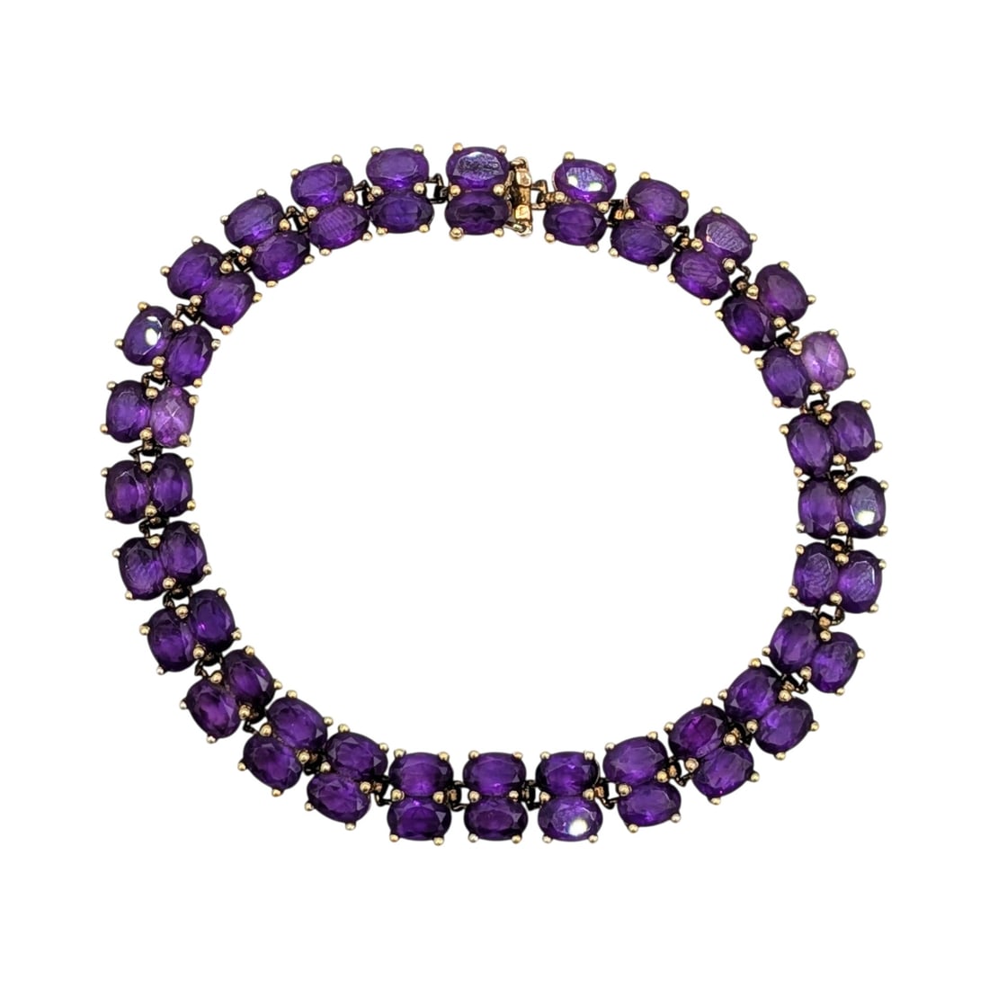 Signed Gold Over Sterling Silver Amethyst Double Row Tennis Bracelet: Signed Gold Over Sterling Silver, Amethyst Double Row Tennis Bracelet. AS IS Clasp Missing Clip Works. 7.75in Length. Signed SF 925. 16.9g