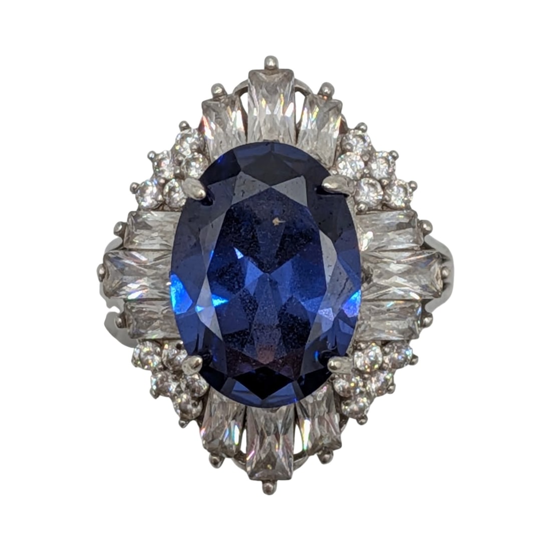 Signed Sterling Silver Dark Blue CZ White CZ Halo Statement Ring Size 7 (1 of 4)