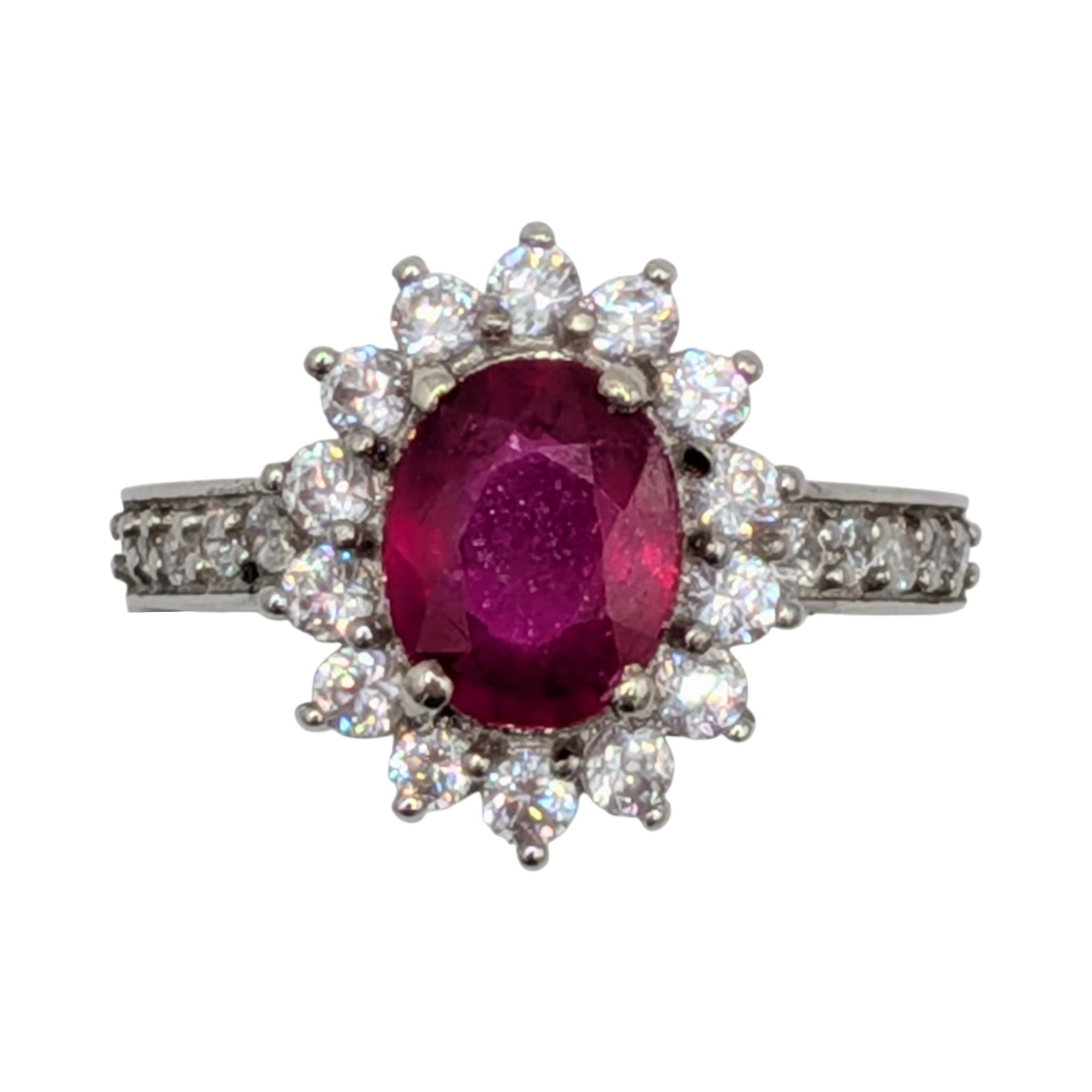 Signed Sterling Silver Dark Pink Topaz White Spinel Oval Cut Halo Ring Size 7.25: Signed Sterling Silver, Dark Pink Topaz, White Spinel Oval Cut Halo Ring. Size 7.25. Signed 925 OAC. 4g