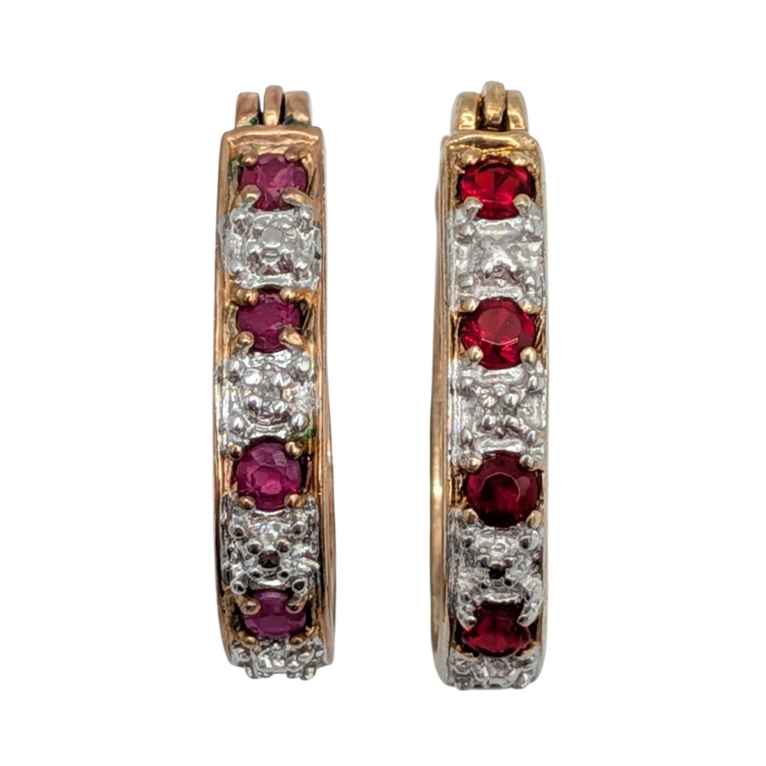 Signed Gold Over Sterling Silver Ruby Diamond Oval Hoop Earrings (1 of 3)
