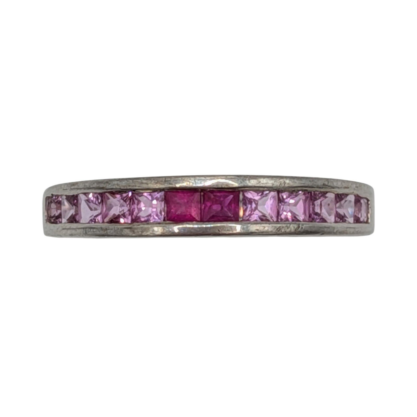 Signed Sterling Silver Ruby Two Tone Channel Set Band Ring Size 8.25: Signed Sterling Silver, Ruby Two Tone Channel Set Band Ring. Size 8.25. Signed SNJ 925 China. 2.6g