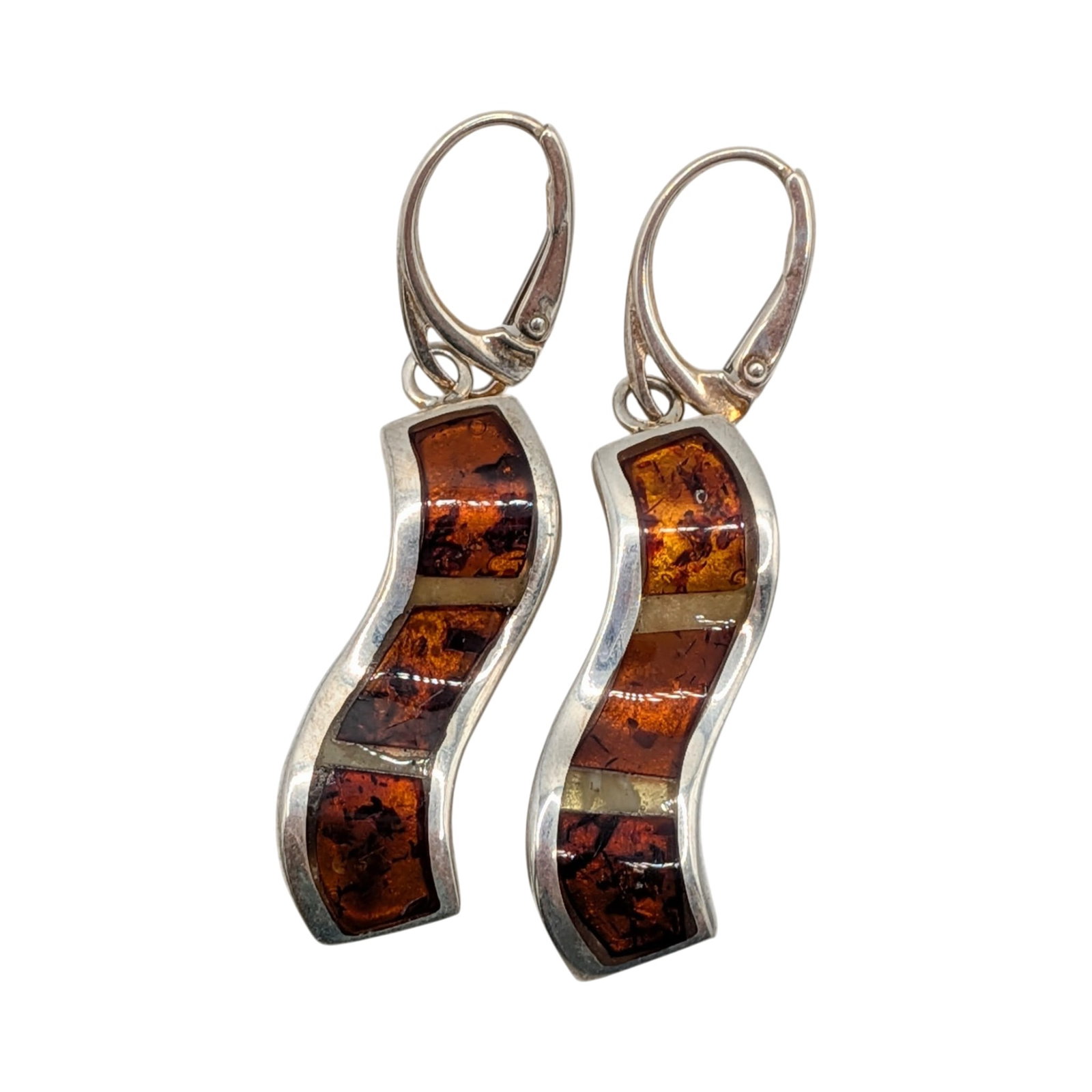 New Polish Sterling Silver Amber Two Tone Inlay Wave Earrings: New Polish Sterling Silver, White Amber, Orange Amber Inlay Wave Earrings. Signed 925. 12.7g