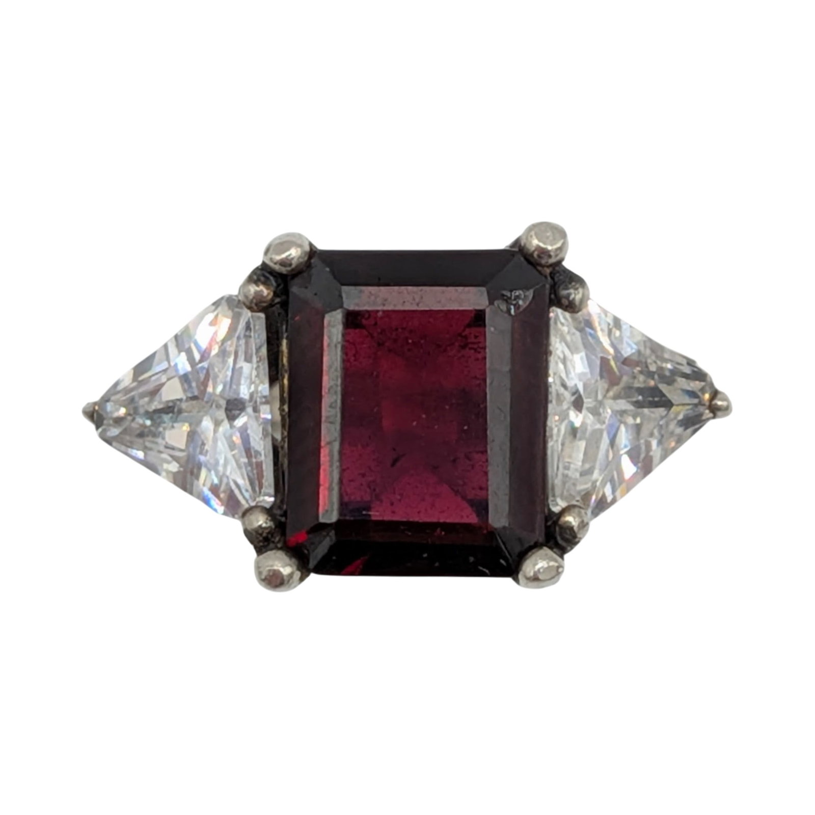 Signed Sterling Silver Garnet White CZ 3 Stone Ring Size 8.25: Signed Sterling Silver, Garnet, White CZ 3 Stone Ring. Size 8.25. Signed JC 925. 4.6g