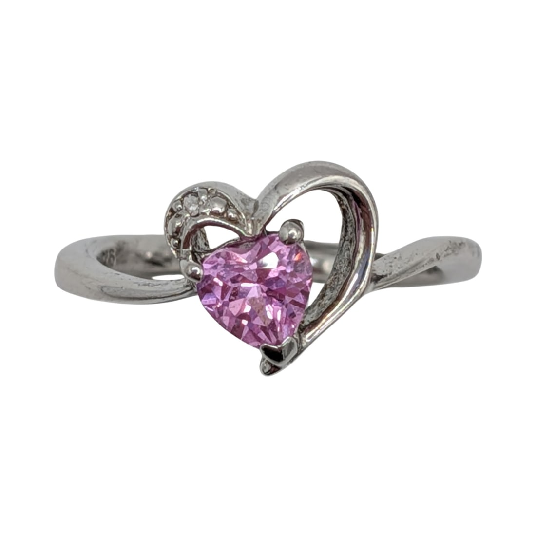 Signed Sterling Silver Pink Sapphire Diamond Heart Ring Size 5.75 (1 of 4)