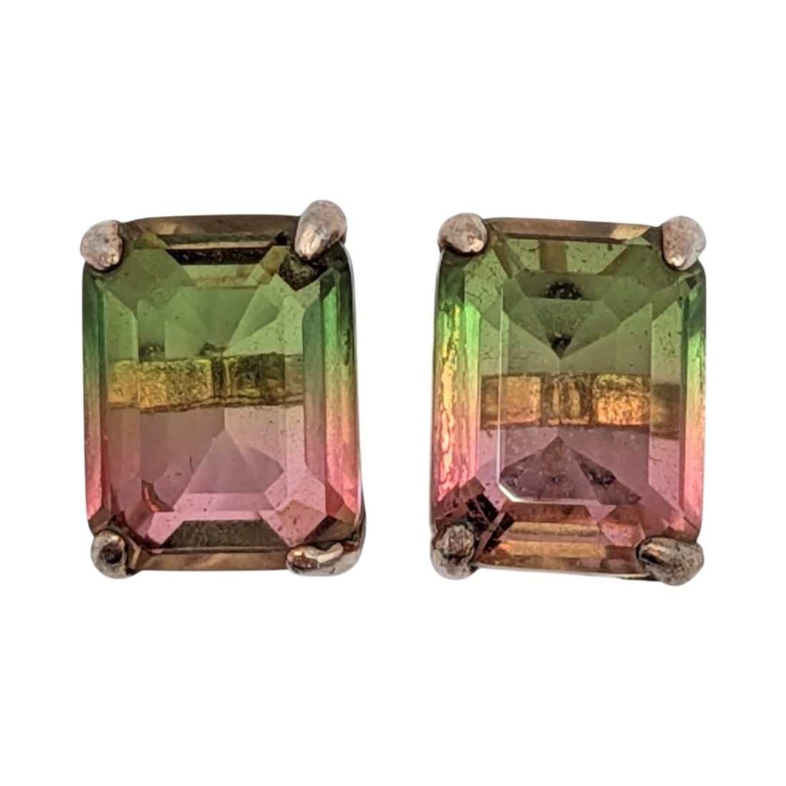 Gold Over Sterling Silver Glass Watermelon Tourmaline Stud Earrings: Gold Over Sterling Silver, Glass, Watermelon Tourmaline Stud Earrings. Signed S925. 1.8g