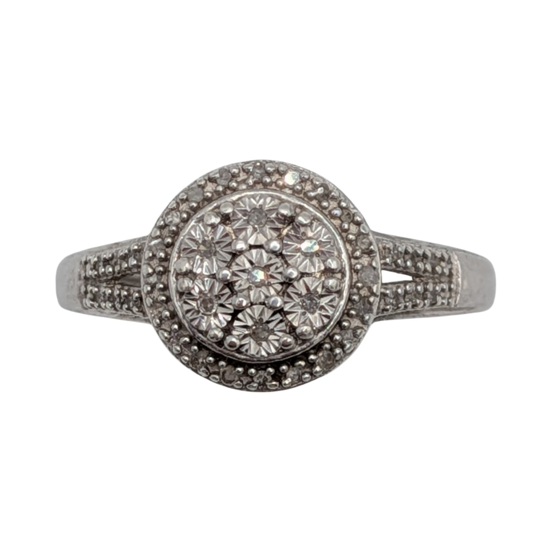 Signed Sterling Silver Diamond Pave Set Cluster Halo Ring Size 7.25: Signed Sterling Silver, Diamond Pave Set Cluster Halo Ring. Size 7.25. Signed SK9 925. 2.5g