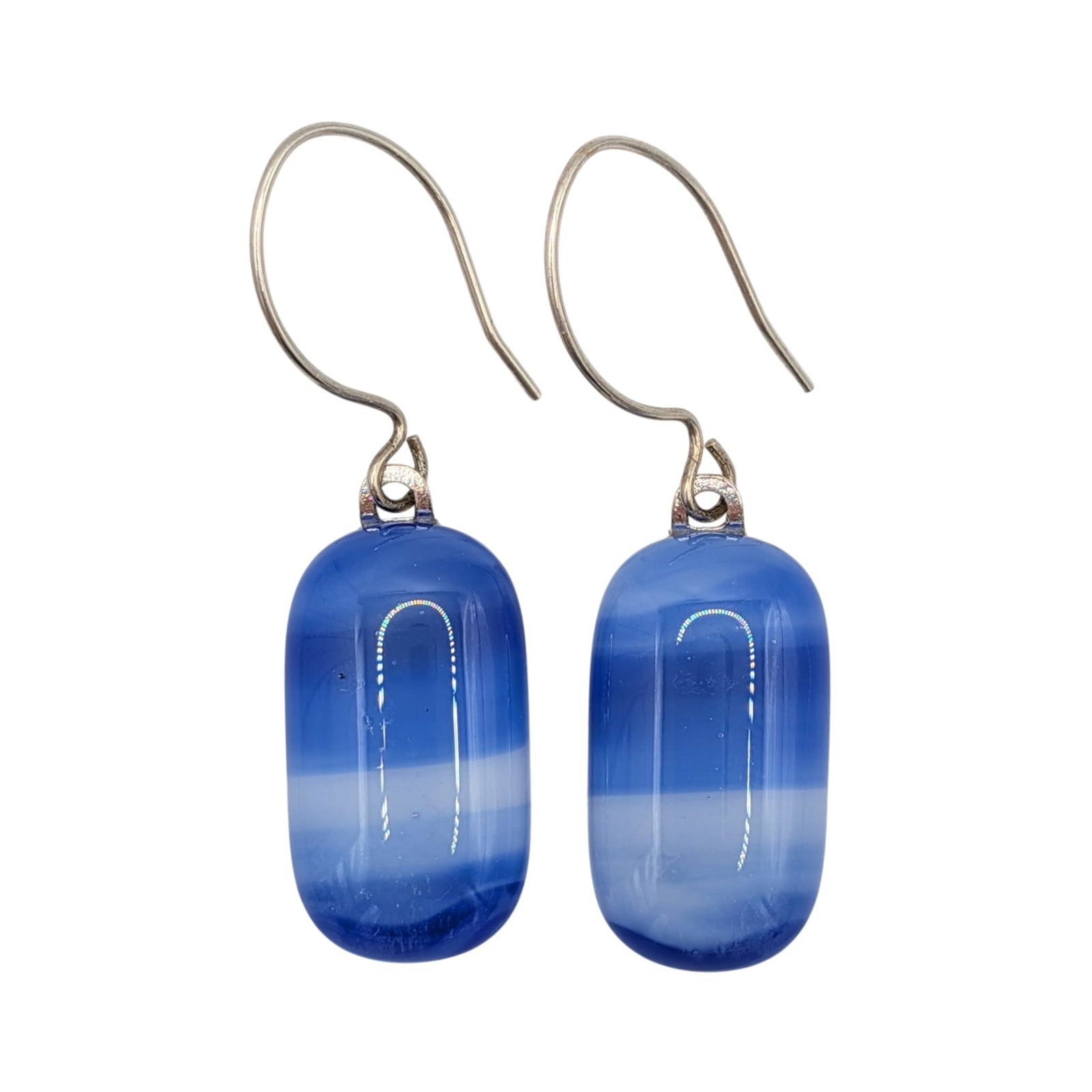 Sterling Silver Blue Dichroic Glass Dangle Earrings: Sterling Silver, Blue Dichroic Glass Dangle Earrings. Signed 925. 19.2g