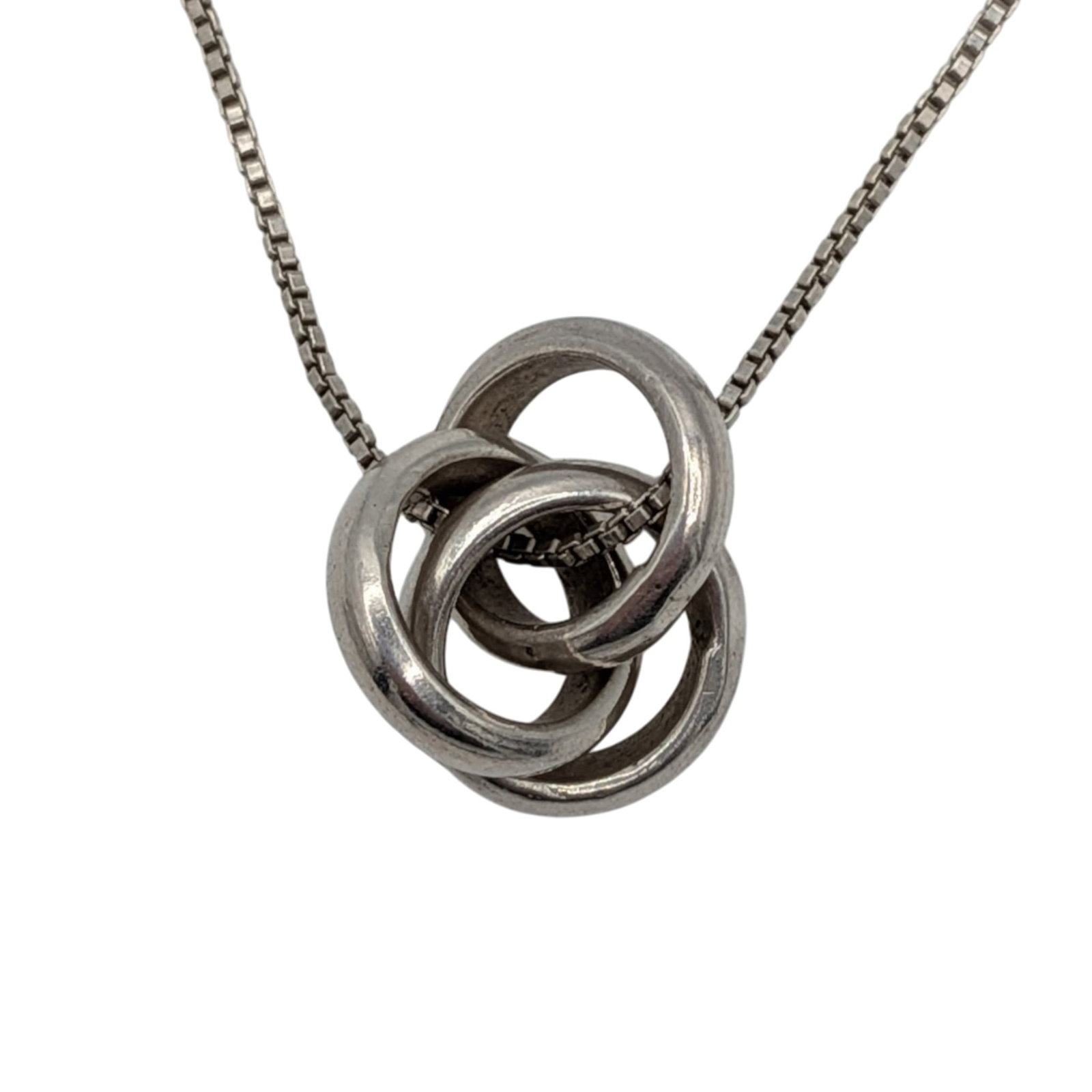Italy Sterling Silver Trinity Intertwined Ring Necklace: Italy Sterling Silver Trinity Intertwined Ring Necklace. 16in Length Box Chain. Signed 925 Italy. 10.6g