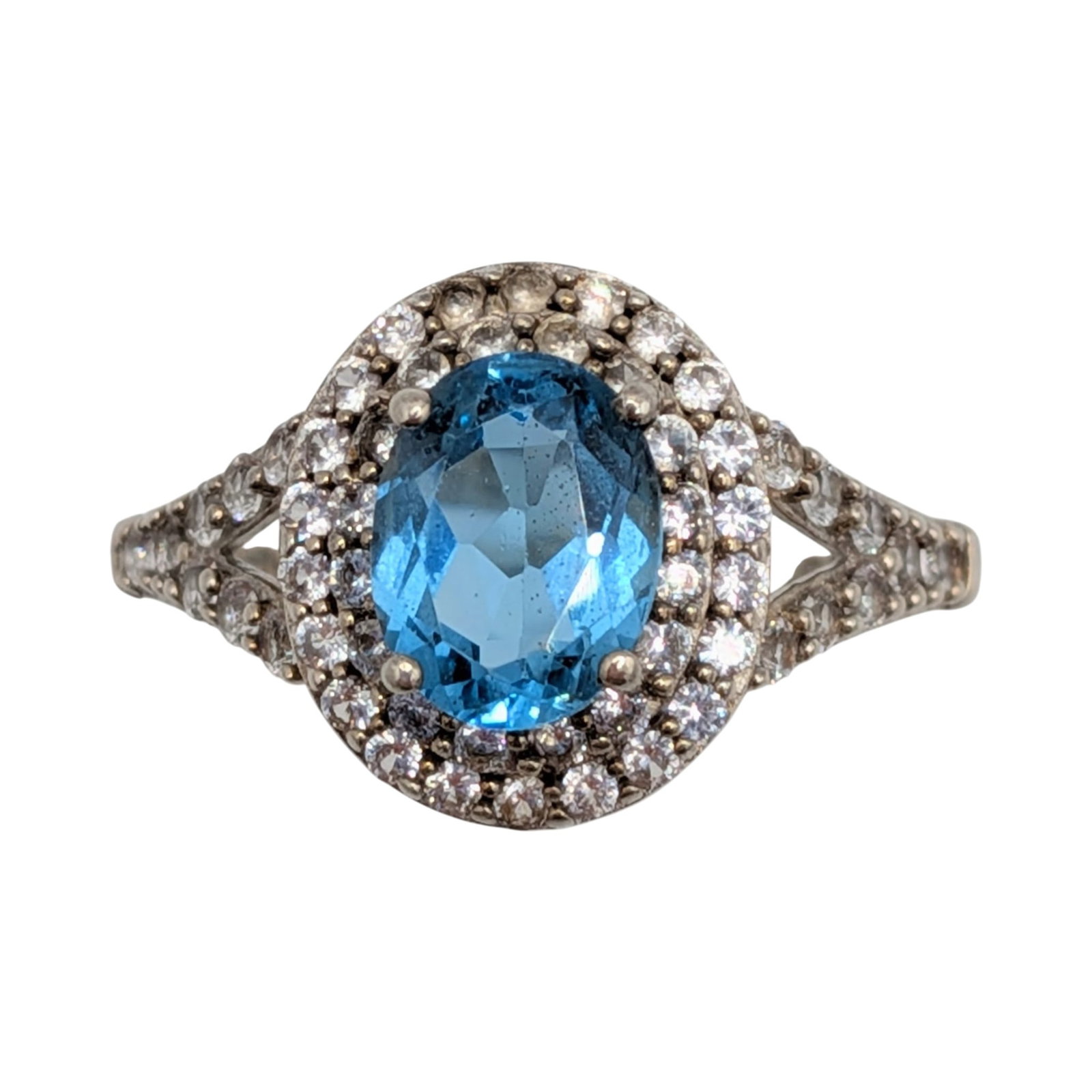 Signed Sterling Silver Blue And White Topaz Oval Cut Double Halo Ring Size 7 (1 of 4)