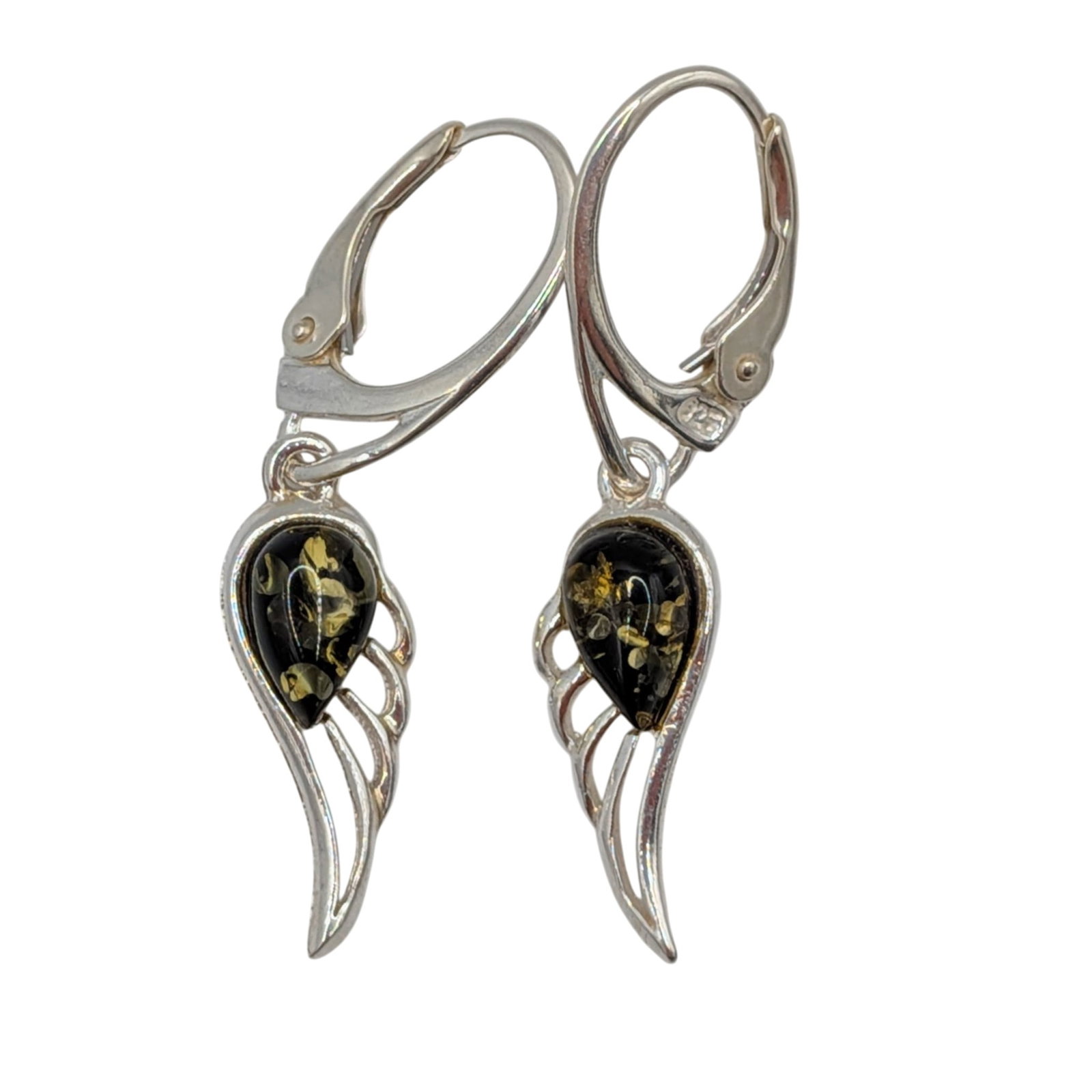 Sterling Silver Green Amber Wing Drop Earrings: Sterling Silver, Green Amber Wing Drop Earrings. Signed 925. 2.3g