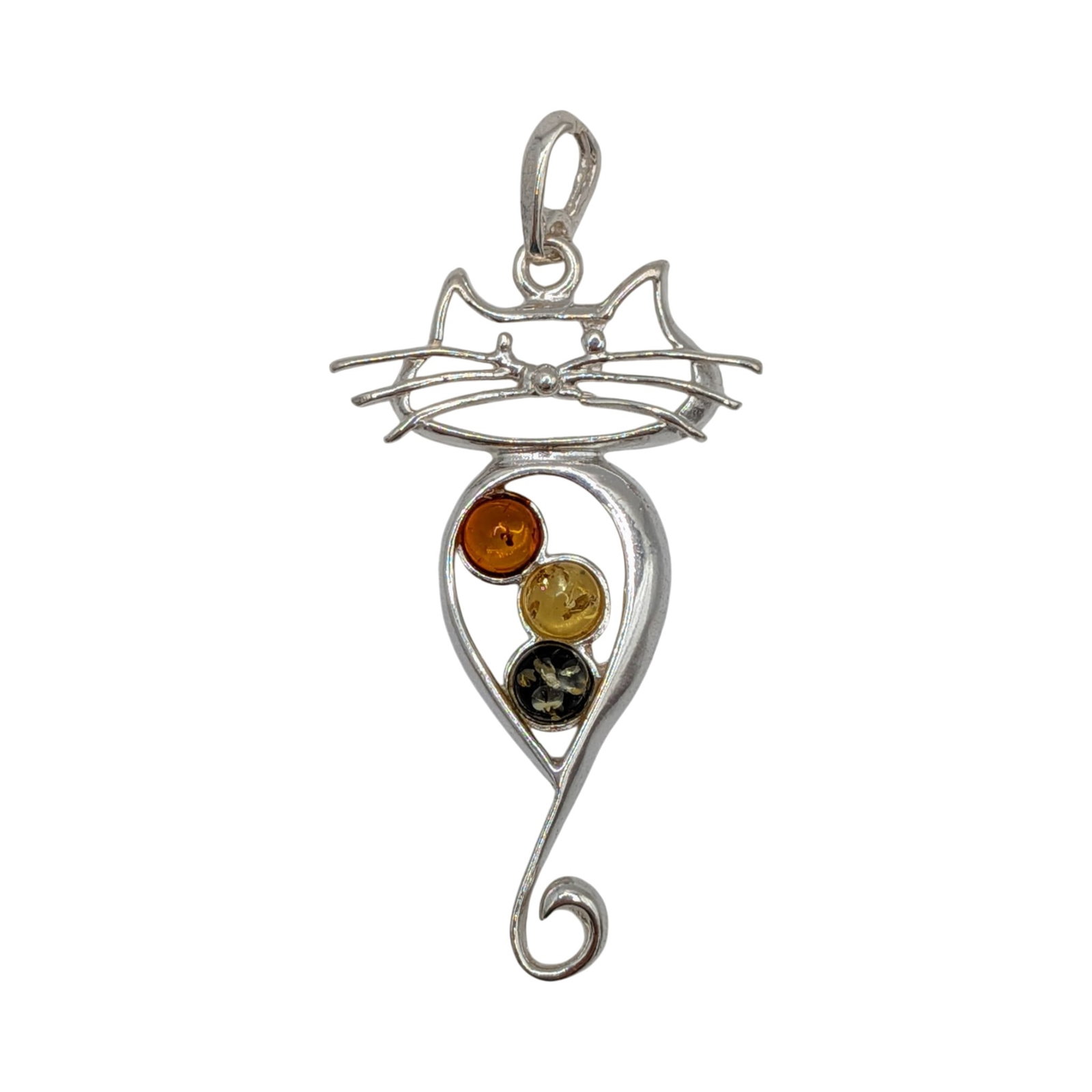 Sterling Silver Orange Amber Green Amber Honey Amber Cat Pendant: Sterling Silver, Orange Amber, Green Amber, Honey Amber Cat Pendant. Signed 925. 2.6g
