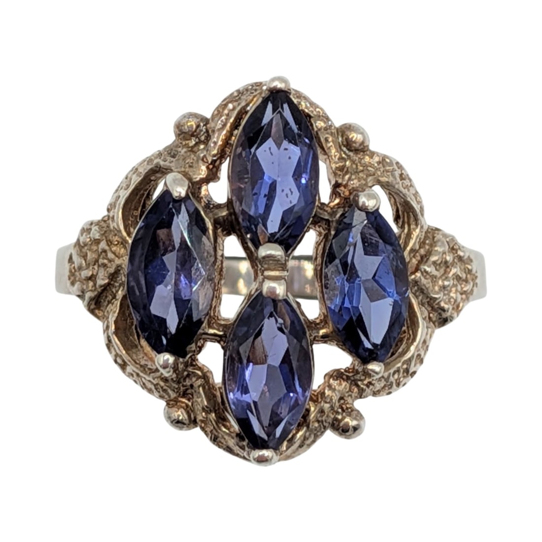 Signed Sterling Silver Iolite Marquise Cut Cluster Ring: Signed Sterling Silver, Iolite Marquise Cut 4 Stone Cluster Ring. Size 9.5. Signed Sterling A inside circle. 4.9g
