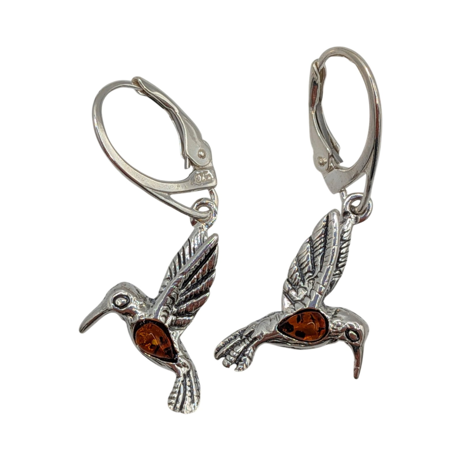 Sterling Silver Amber Hummingbird Drop Earrings: Sterling Silver, Amber Hummingbird Drop Earrings. Signed 925. 3.4g
