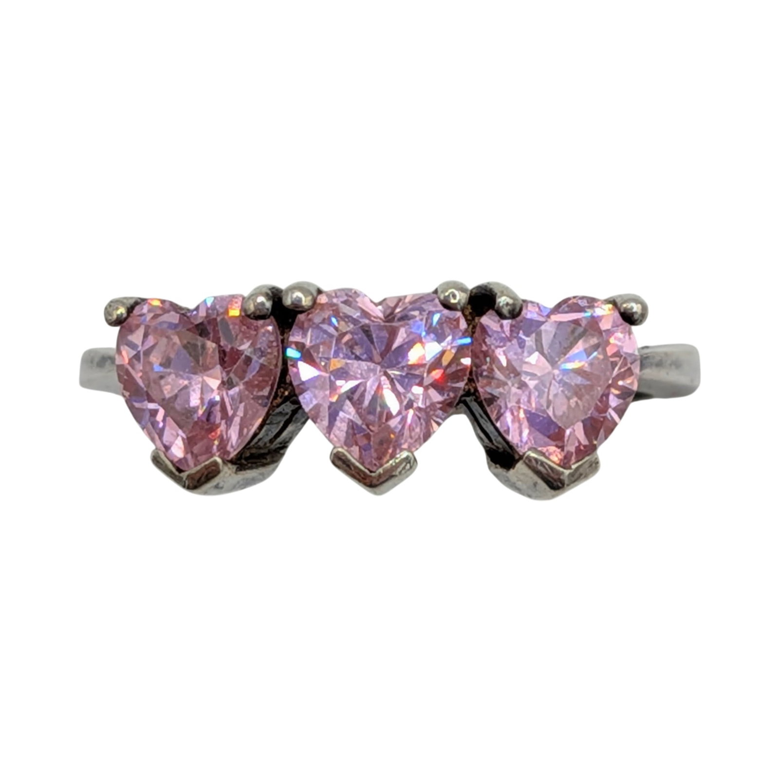 Sterling Silver Light Pink CZ Heart Cut Trilogy Ring Size 5.75: Sterling Silver, Light Pink CZ Heart Cut Trilogy Ring. Size 5.75. Signed 925 Thailand. 2.8g