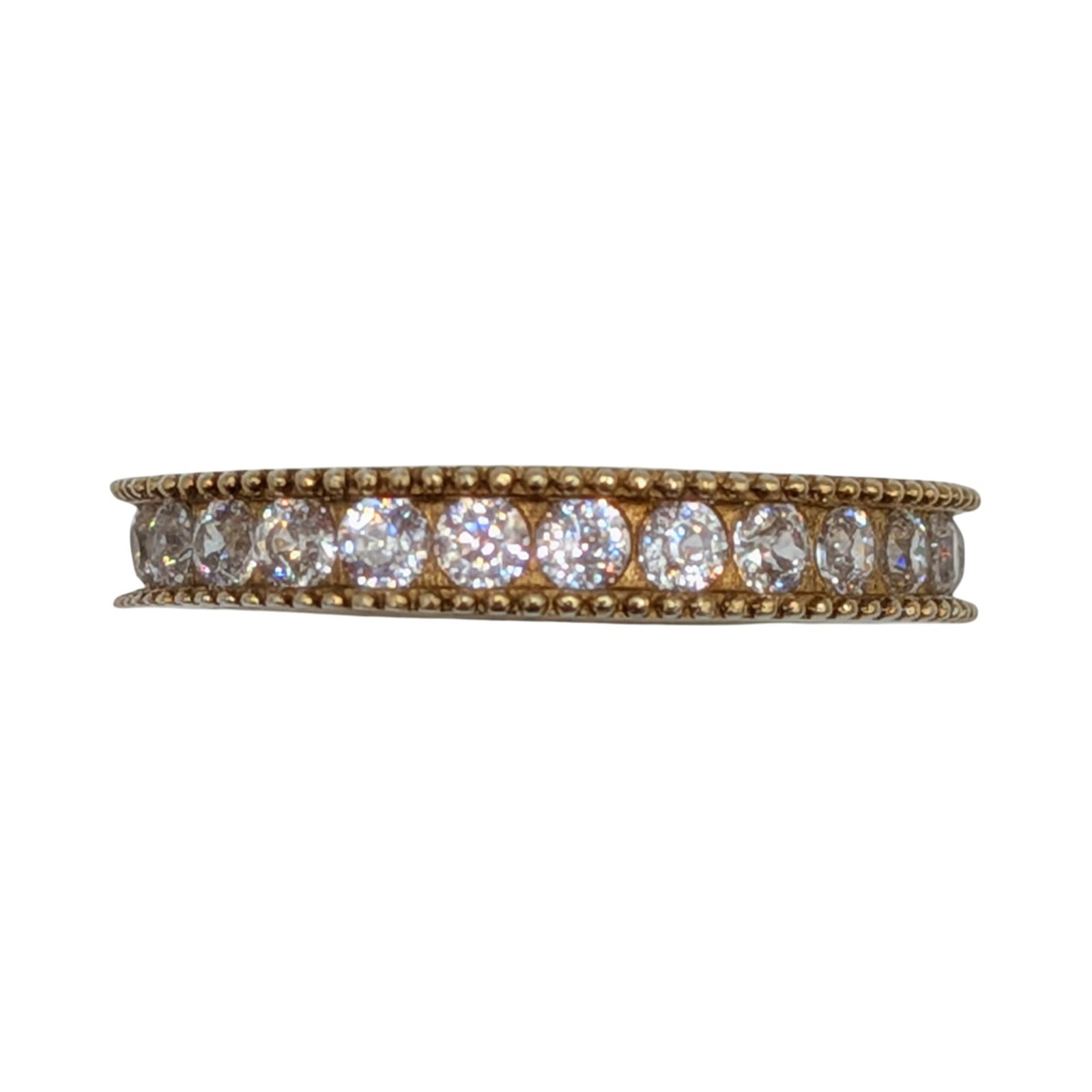 Signed Gold Over Sterling Silver CZ Milgrain Eternity Band Ring Size 4: Signed Gold Over Sterling Silver, Clear CZ Milgrain Channel Set Eternity Band Ring. Size 4. Signed e in circle 925 Vietnam. 2.3g