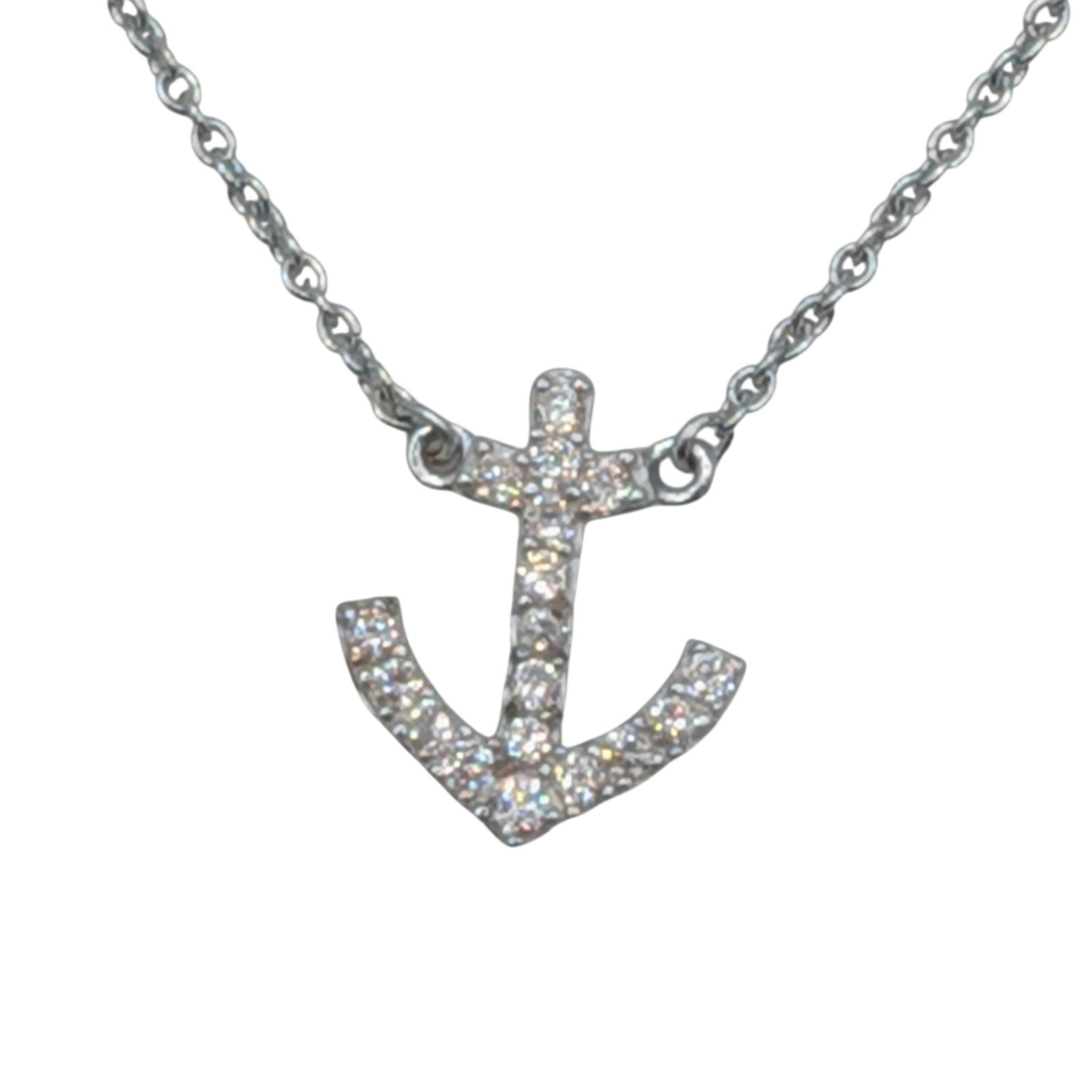 Sterling Silver CZ Pave Set Anchor Necklace: Sterling Silver, CZ Pave Set Anchor Necklace. 17 - 18in Length Adjustable. Signed 925. 1.7g