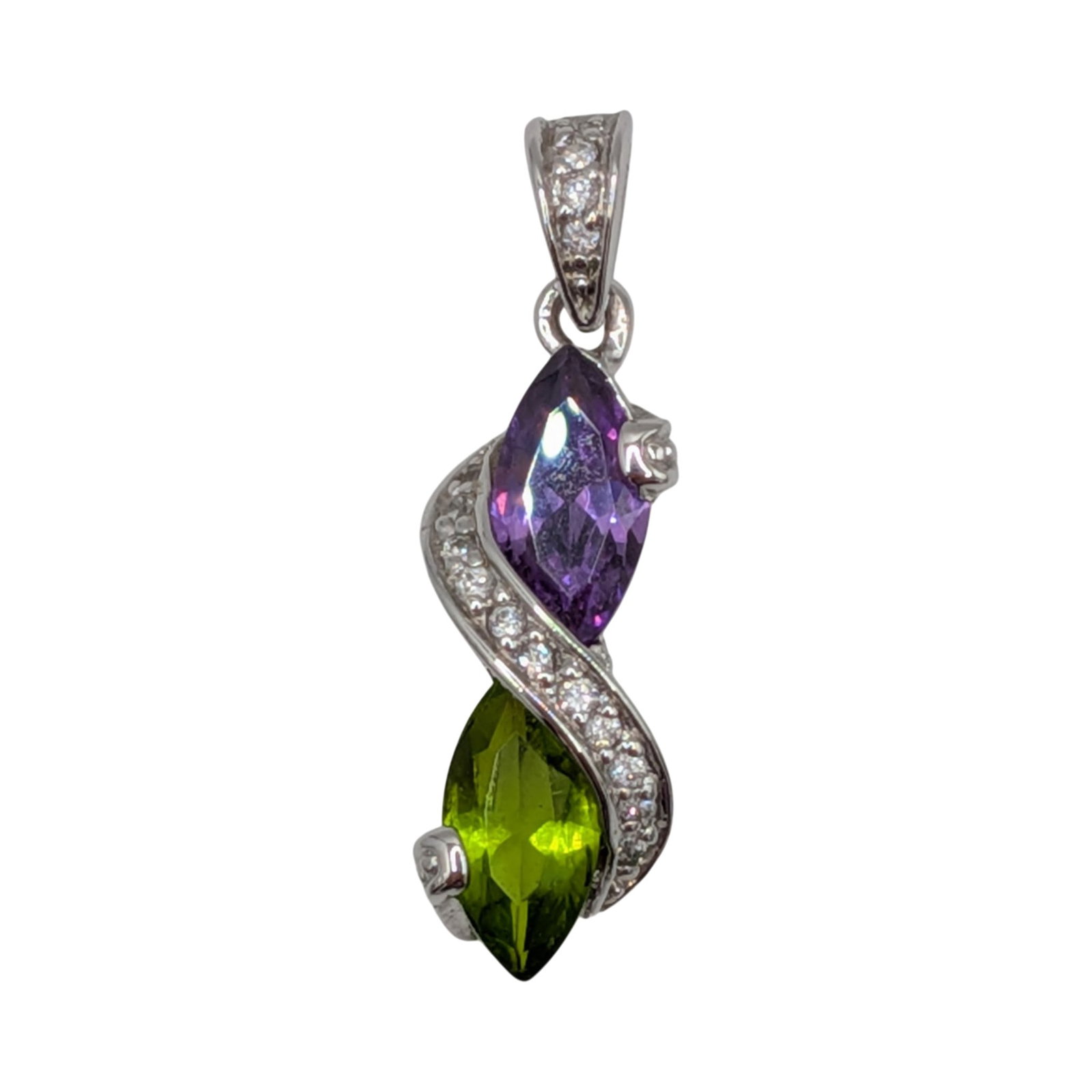 Sterling Silver Peridot Amethyst CZ Swirl Wrapped Pendant: Sterling Silver, Peridot, Amethyst, CZ Swirl Wrapped Pendant. Signed 925. 2.4g