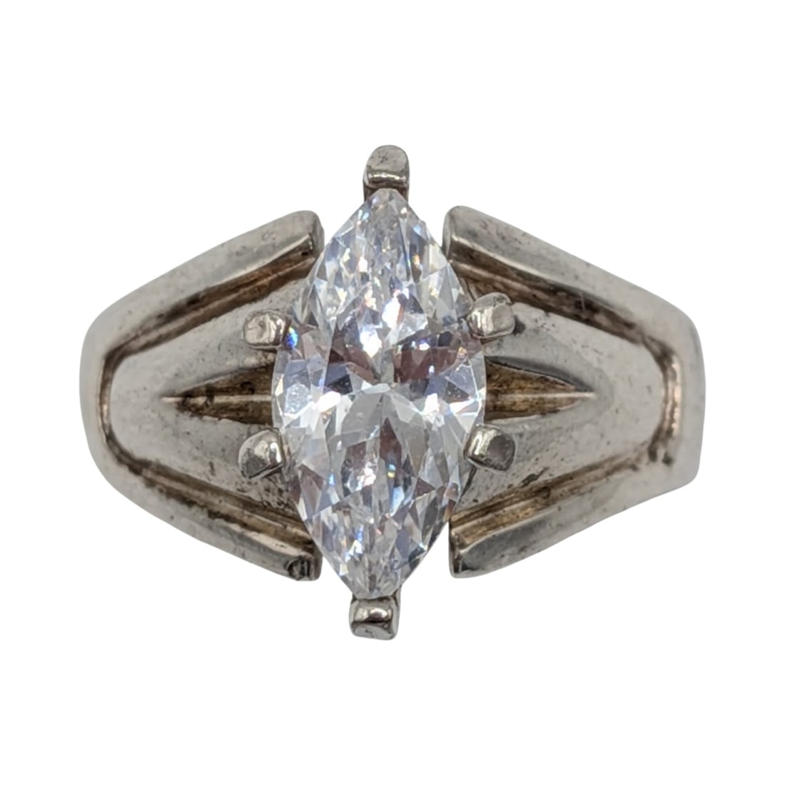 Signed Sterling Silver Clear Rhinestone Marquise Cut Solitaire Ring Size 7 (1 of 4)