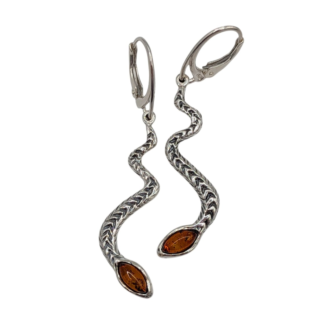 Signed Sterling Silver Amber Snake Drop Earrings (1 of 3)