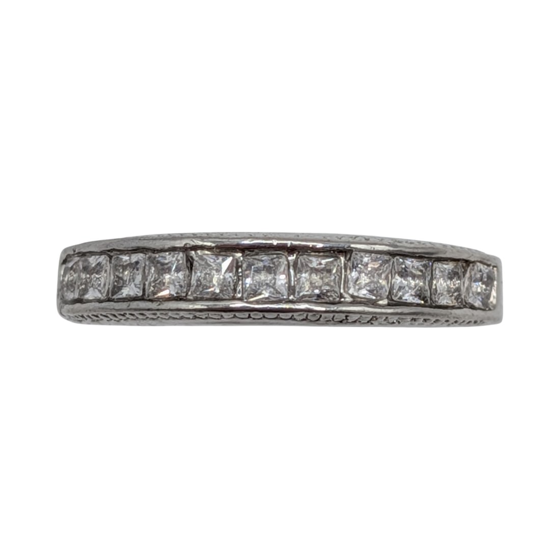 Sterling Silver White CZ Channel Set Half Eternity Band Ring Size 8.25: Sterling Silver, White CZ Channel Set Half Eternity Band Ring. Size 8.25. Signed S 925. 3.3g