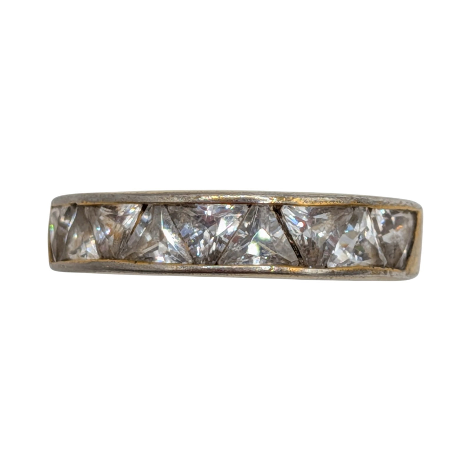 Signed Gold Over Sterling Silver CZ Channel Set Trillion Band Ring Size 8: Signed Gold Over Sterling Silver, CZ Channel Set Trillion Band Ring. Size 8. Signed PJM CZ 925. 4.3g