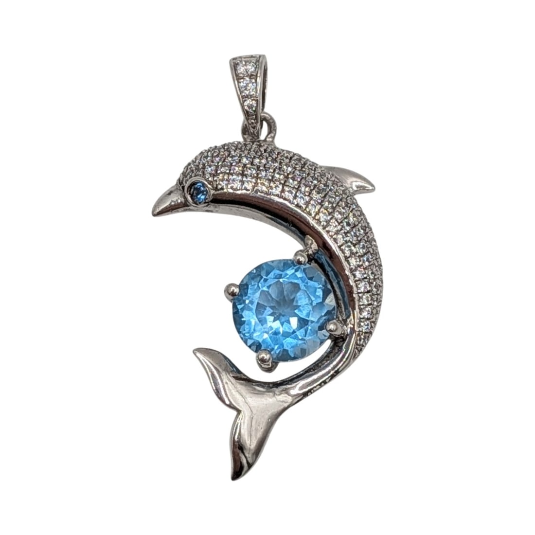 Signed Sterling Silver Blue Topaz, CZ Micro Pave Dolphin Pendant (1 of 3)