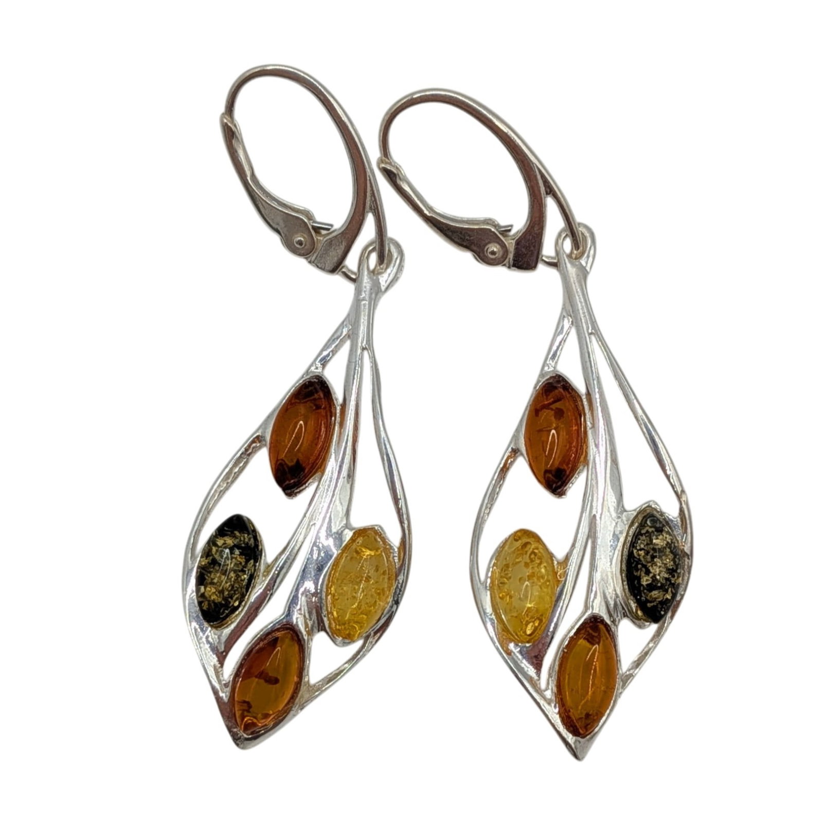 Signed Sterling Silver Green Amber Honey Amber Orange Amber Tri Colored Leaf Drop Earrings (1 of 3)