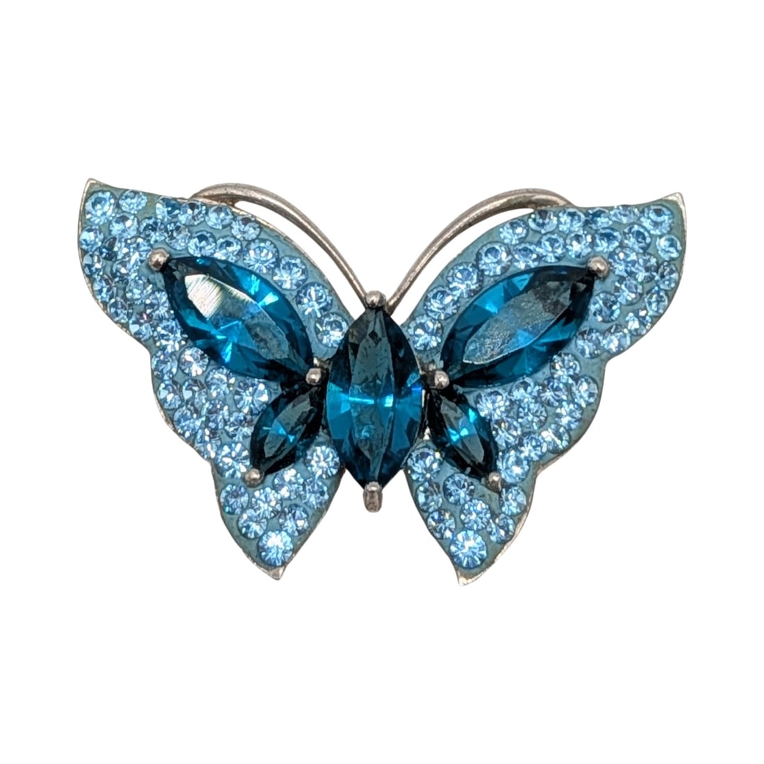 Signed Sterling Silver Blue Rhinestone Studded Butterfly Slide Pendant: Signed Sterling Silver, Blue Rhinestone Studded Butterfly Slide Pendant. Signed AU 925 c. 5.7g