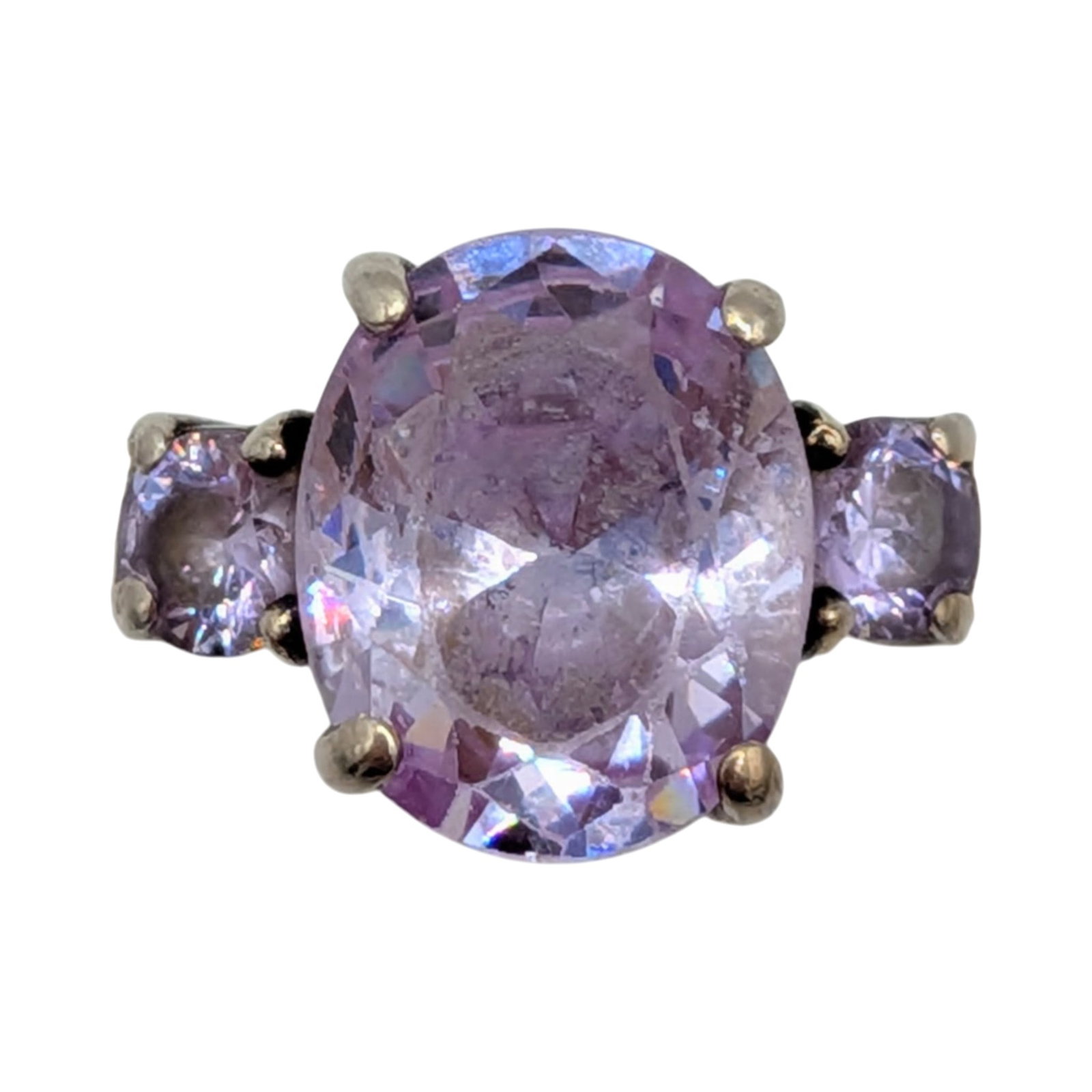 Sterling Silver Lavender Rhinestone Three Stone Ring Size 9.25 (1 of 4)