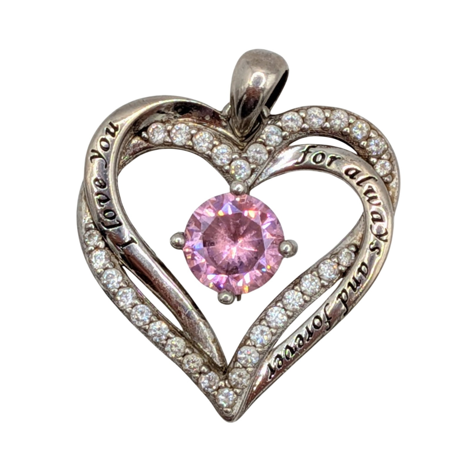 Sterling Silver Two Tone CZ Quote Engraved Entwined Open Heart Pendant: Sterling Silver, Pink CZ, White CZ Quote Engraved Entwined Double Open Heart Pendant. Signed S925. I love you for always and forever. 4g