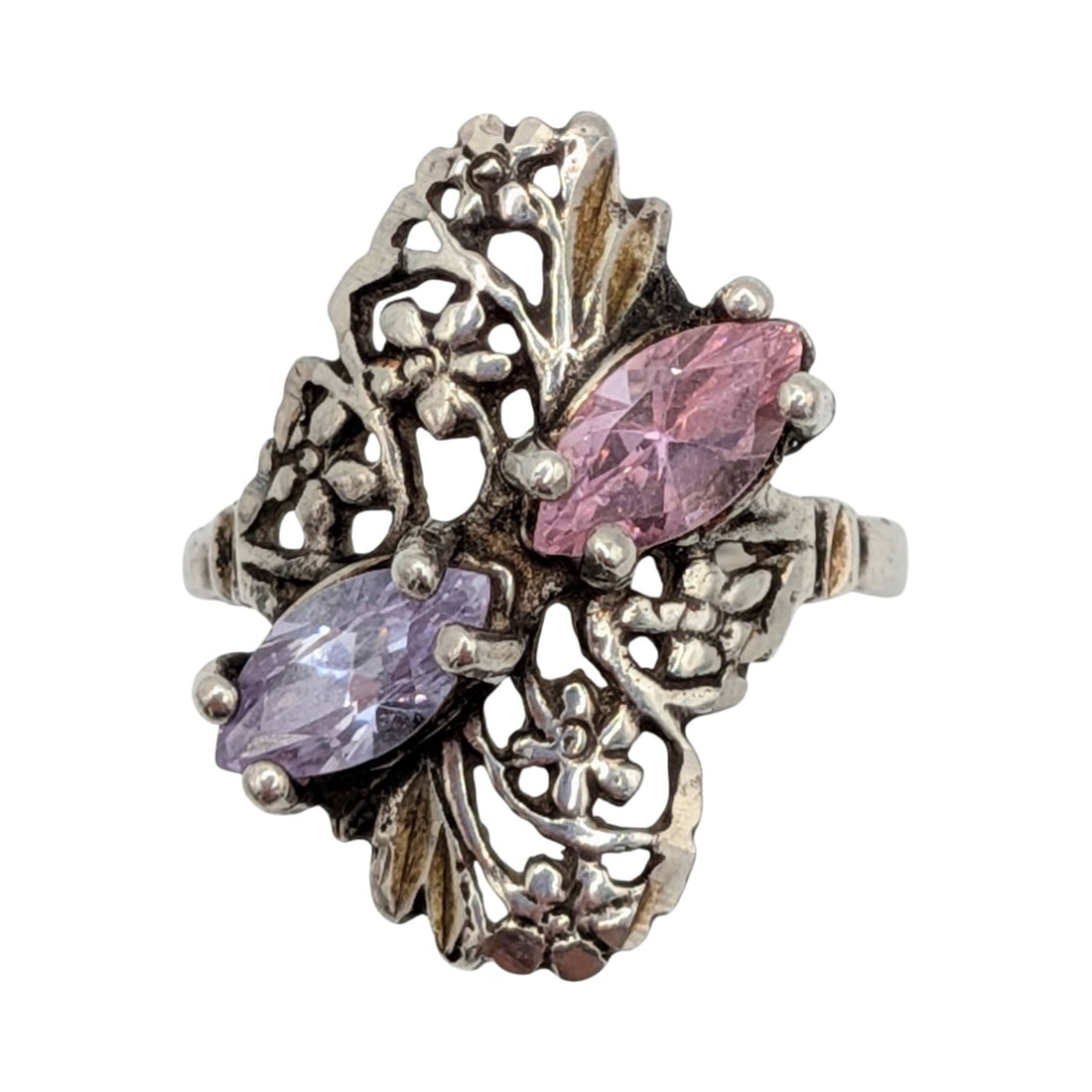 Sterling Silver CZ Double Marquise Cut Floral Filigree Ring Size 6 (1 of 4)