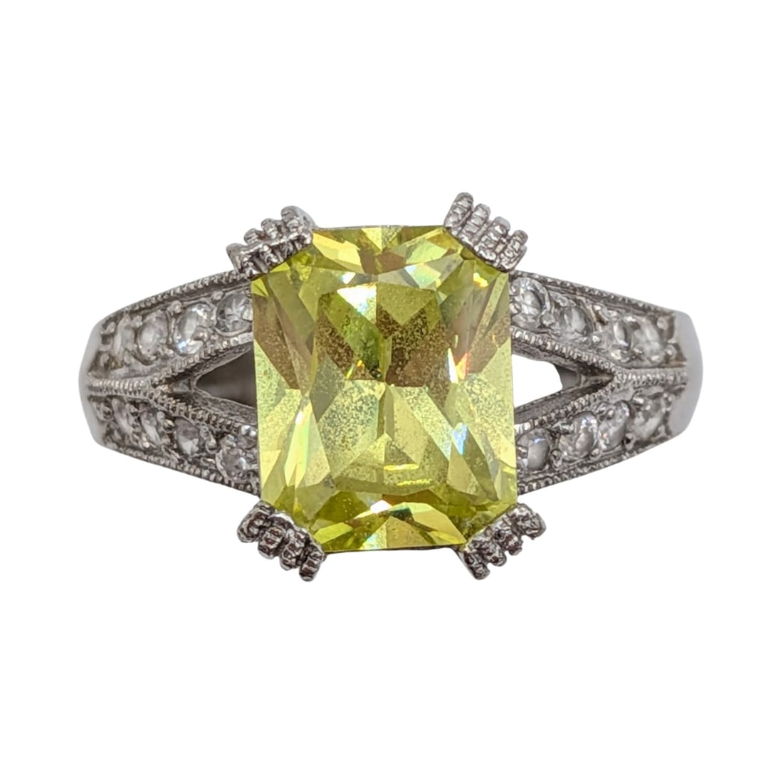 Signed Sterling Silver Lime Rhinestone Emerald Cut Statement Ring Size 9.5 (1 of 4)