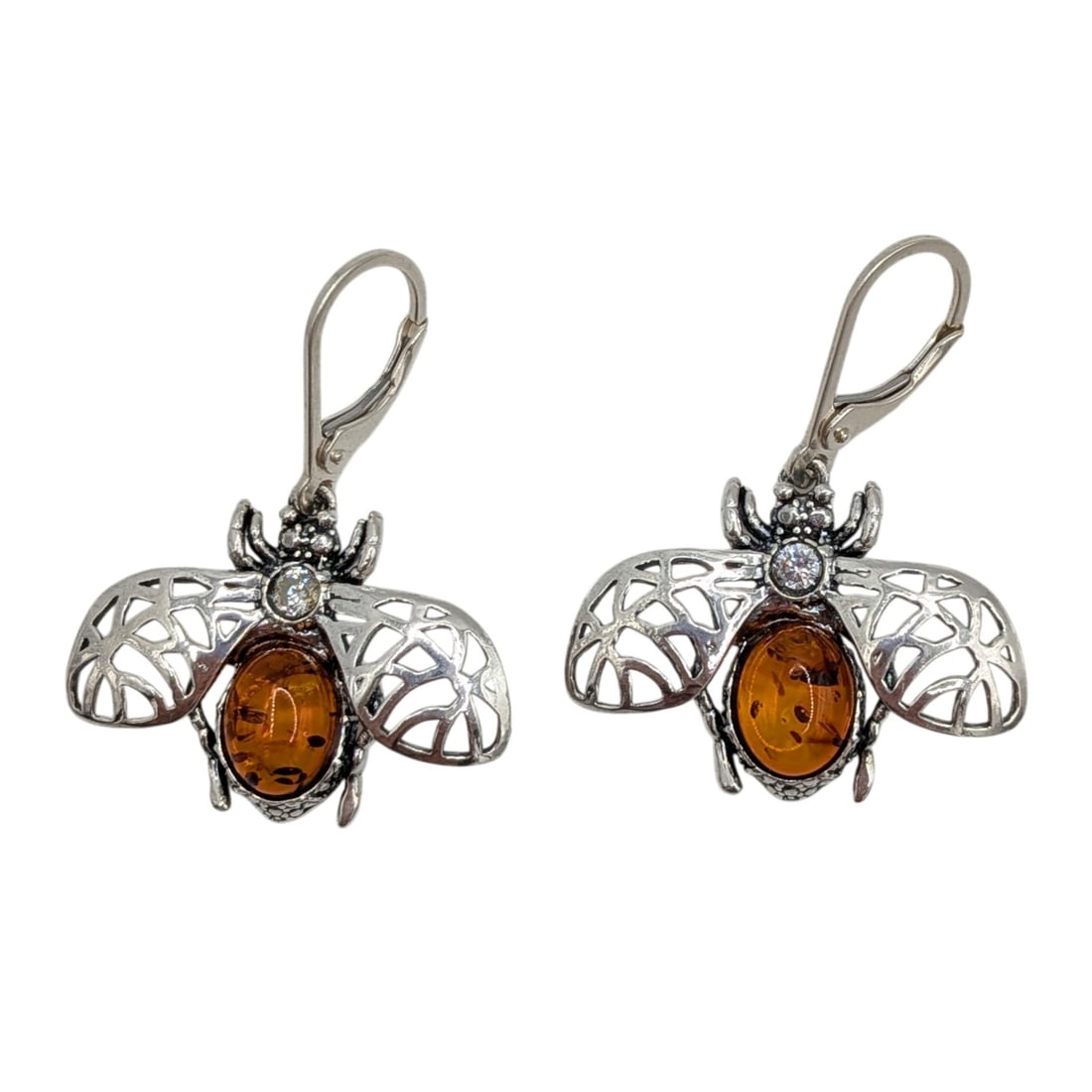 Sterling Silver Amber Rhinestone Bumble Bee Drop Earrings: Sterling Silver, Amber, Rhinestone Bumble Bee Drop Earrings. Signed 925. 5.5g