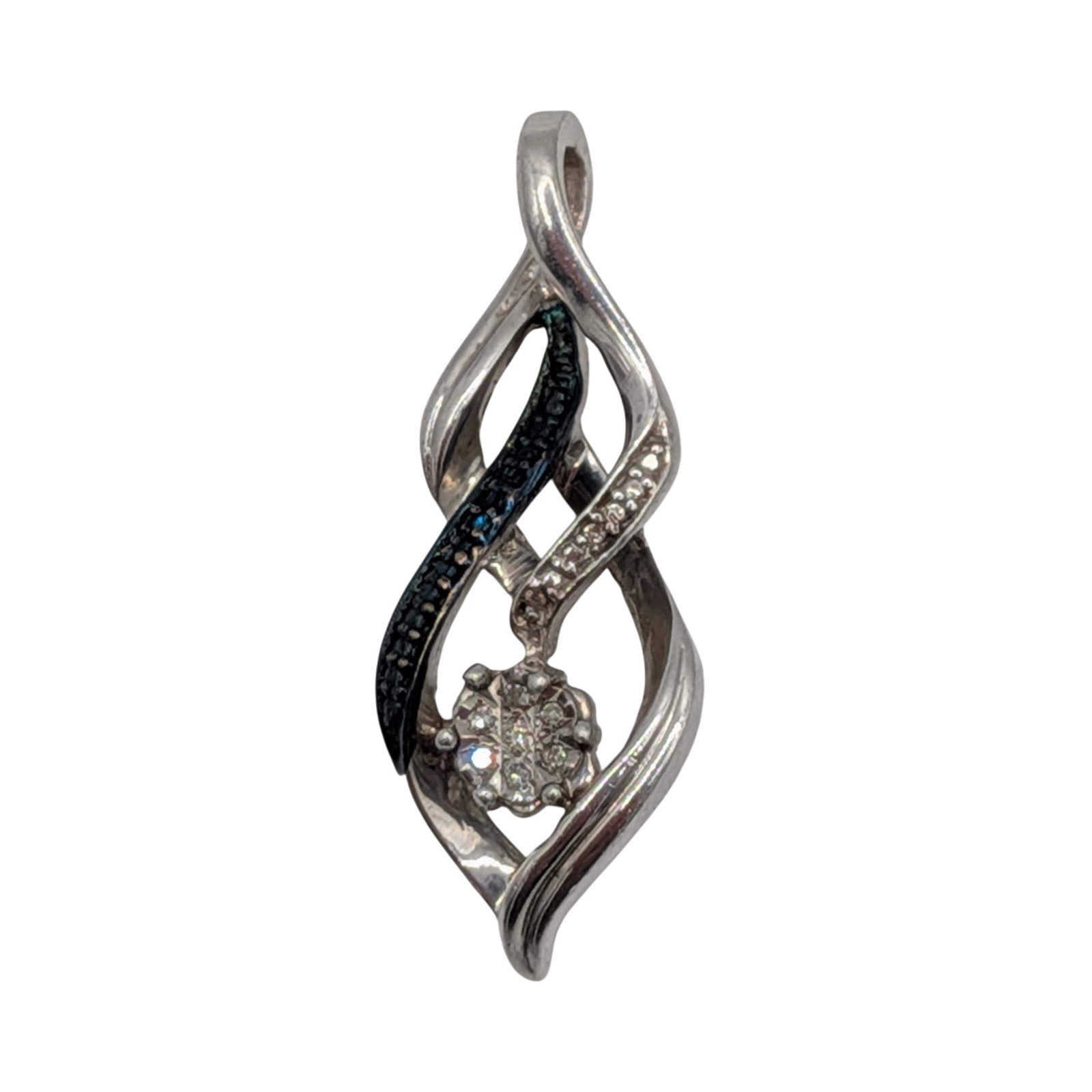 Signed Sterling Silver Diamond Double Swirl Pendant: Signed Sterling Silver, Blue Diamond, White Diamond Double Swirl Pendant. Signed 925 symbol. 3.1g